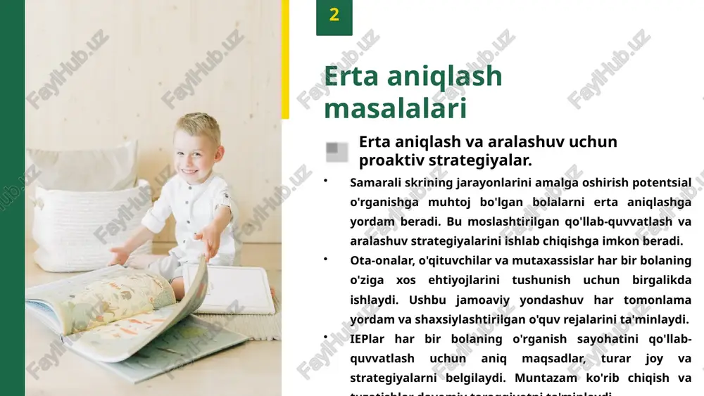 ilish va hamkorlik qilish madaniyatini rivojlantirish. imkoniyati cheklangan o‘quvchilarni tengdoshlari bilan bog‘lash. qo'llab-quvvatlash va do'stlikni ta'minlang, ijtimoiy inklyuziyani rag'batlantiring va izolyatsiyani kamaytiring. hamkorlikdagi ta'lim strategiyalaridan foydalanish o'quvchilarni birgalikda ishlashga undaydi. bir-birining o'rganishini qo'llab-quvvatlash, jamoada ishlash ko'nikmalarini rivojlantirish va empatiyani rivojlantirish. talabalarga bir-biriga repetitorlik qilish imkoniyatini berish. o'rganishni kuchaytirish, ishonchni mustahkamlash va ijobiy munosabatlarni rivojlantirish. barcha talabalarni ishtirok etishga va o'zaro muloqot qilishga undaydigan inklyuziv sinf tadbirlarini tashkil etish. hamjamiyatga mansublik hissini tarbiyalash. 9 8 ijobiy xulq-atvorni qo'llab-quvvatlash ijobiy xulq-atvorni targ'ib qilish va qiyin xatti-harakatlarni samarali hal qilish. qiyin xatti-harakatlarning oldini olish uchun proaktiv strategiyalardan foydalanish. ijobiy va qo'llab-quvvatlovchi sinf muhitini yaratish. xulq-atvori qiyin bo'lgan talabalar uchun individual xulq-atvorni qo'llab-quvvatlash rejalarini ishlab chiqish. triggerlarni aniqlash, muqobil xatti-harakatlarni o'rgatish va ijobiy mustahkamlashni ta'minlash. barcha sozlamalarda xatti-harakatlarni qo'llab-quvvatlash rejalarini izchil amalga oshirishni ta'minlash. talabalarning xulq-atvorini yaxshilash va xavfsiz va inklyuziv ta'lim muhitini targ'ib qilish. o'qituvchilar va xodimlarni o'qitish va qo'llab-quvvatlash. ijobiy xulq-atvorni qo'llab-quvvatlash …