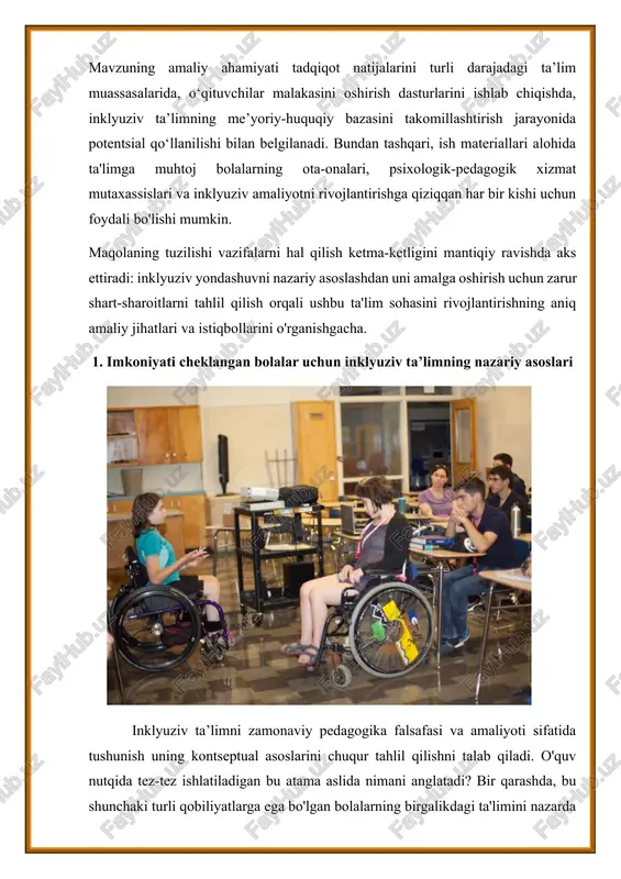 aqliy zaiflik, aqliy zaiflik, autizm spektrining buzilishi va ko'p rivojlanish nuqsonlari bo'lgan bolalarni ajratib turadi. ushbu toifalarning har biri o'ziga xos xususiyatlarga ega va ta'lim jarayonini tashkil etishda o'ziga xos yondashuvlarni talab qiladi. eshitish qobiliyati zaif bolalar ma'lumotni idrok etish va qayta ishlash uchun maxsus jihozlarni talab qiladi, ular eshitish vositalaridan, imo-ishora tilidan yoki boshqa muqobil aloqa usullaridan foydalanishni o'z ichiga olishi mumkin. ko'rishda nuqsoni bo'lgan talabalar o'quv materiallarini moslashtirishni va idrok qilishning taktil va eshitish usullaridan foydalanishni talab qiladi. nutqda nuqsoni bo'lgan bolalar muloqot qilishda qiyinchiliklarga duch kelishlari mumkin, bu ularning ijtimoiy moslashuvi va ilmiy yutuqlariga ta'sir qiladi. maxsus guruhga autizm spektrining buzilishi bo'lgan bolalar kiradi, ular ijtimoiy o'zaro ta'sir va muloqotning buzilishi bilan tavsiflanadi va cheklangan,povtoryayushixsya patternov povedeniya. ularning umumiy ta'lim muhitiga integratsiyalashuvi tuzilgan va bashorat qilinadigan muhitni yaratishni, vizual yordamdan foydalanishni va individual qo'llab-quvvatlash strategiyasini talab qiladi. hozirgi tendentsiya bolaning tashxisiga emas, balki ularning ta'lim ehtiyojlari va …
