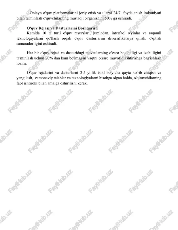 a oshiradi. o'quv rejasi va dasturlarini boshqarish kamida 10 ta turli o'quv resurslari, jumladan, interfaol o'yinlar va raqamli texnologiyalarni qo'llash orqali o'quv dasturlarini diversifikatsiya qilish, o'qitish samaradorligini oshiradi. har bir o'quv rejasi va dasturidagi mavzularning o'zaro bog'liqligi va izchilligini ta'minlash uchun 20% dan kam bo'lmagan vaqtni o'zaro muvofiqlashtirishga bag'ishlash lozim. o'quv rejalarini va dasturlarni 3-5 yillik tsikl bo'yicha qayta ko'rib chiqish va yangilash, zamonaviy talablar va texnologiyalarni hisobga olgan holda, o'qituvchilarning faol ishtiroki bilan amalga oshirilishi kerak. 📌xulosa o'qituvchilar jamoasini samarali boshqarish uchun jamoaviy ish, ochiq muloqot va o'zaro hurmat muhimdir. bu esa faqatgina o'qitish sifatini yaxshilashga emas, balki jamoaning yaxlitligini va rivojlanishini ta'minlaydi. 📚foydalanilgan adabiyotlar 1. pollok, s. (2018). o'qituvchilar jamoasini boshqarish: muvaffaqiyatli strategiyalar. toshkent: "ilm-fan". 2. duglas, m. (2019). maktabdagi jamoaviy ishni tashkil etish va boshqarish. samarqand: "navro'z". 3. uilyams, k. (2020). zamonaviy o'qituvchi jamoasini rivojlantirish. farg'ona: "cho'lpon". 4. jonson, r. (2021)