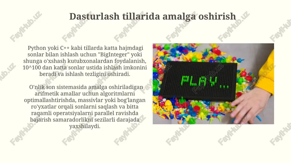 sonlarni o'qish va yozishni osonlashtiradi, shu bilan birga xatolarni kamaytiradi. manfiy bo'lmagan butun sonlar ustida arifmetik amallarni bajarish algoritmi bo'lish algoritmini bajarishda, bo'linuvchini bo'luvchiga ketma-ket ayirish orqali, qancha marta ayirish mumkinligini aniqlaymiz va natijani (bo'linma) va qoldiqni topamiz; masalan, 12ni 3 ga bo'lganda, 4 marta ayirish mumkin bo'ladi. manfiy bo'lmagan butun sonlarni qo'shish algoritmi, har bir raqamni o'z o'rniga qo'yish va o'nlikdan o'tishni hisobga olgan holda, chapdan o'ngga yoki o'ngdan chapga amalga oshirilishi mumkin, natija 10 dan katta bo'lsa, 1 ga ko'paytiriladi. e'tiboringiz uchun rahmat @taqdimot_robot image2.jpg image3.jpg image4.jpg image5.jpg image6.jpg image7.jpg image8.jpg image9.jpg image10.jpg image11.jpg image12.jpg image13.jpg image14.jpg