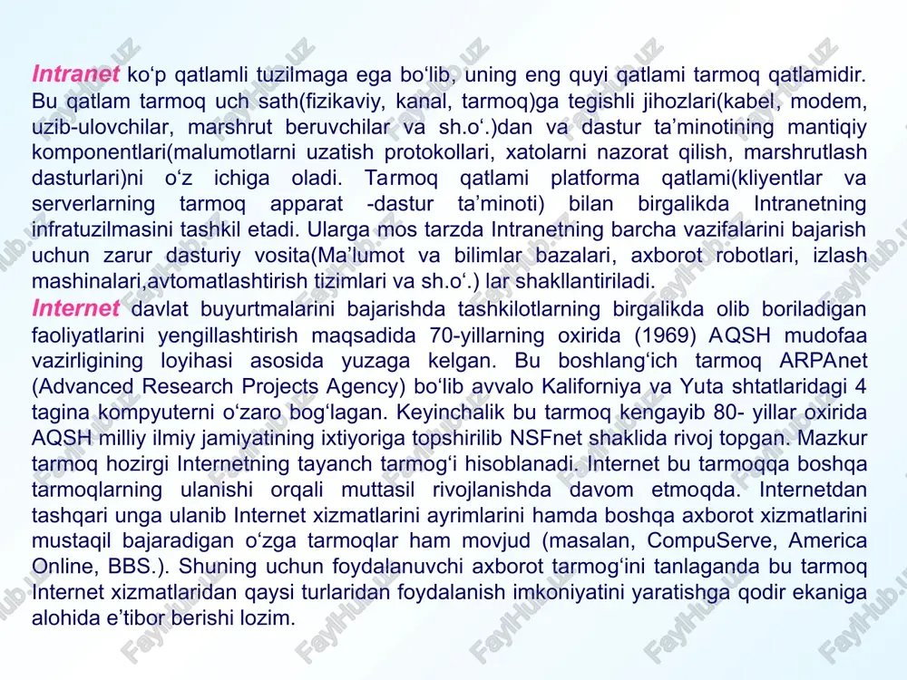 gan komputerlar boshqa kompyuterlar shu tugunlarga to‘g‘ridan to‘g‘ri ulangan bo‘lib ular ham yuqori tezlikda axborot uzatadilar. ulardan boshqa kompyuterlar keyingilarga ulangan va h.k., foydalanuvchining kompyuterlari (kliyentlar) daraxtsimon tuzilmadagi barglarga o‘xshab ko‘payib boradi, shu tariqa jahon axborot tarmog‘i internet shakllanib, u muttasil taraqqiy etmoqda. tayanch tarmoqqa bevosita yoki bilvosita ulangan boshqa tarmoqlar, internetning asosiy xizmatlarini o‘zida mujassamlashtirgan holda internetning qismlarini tashkil etuvchisi hisoblanadi. agar biror mamlakatdagi biror kompyuter tayanch tarmoqni bog‘lagan kompyuterga ulangan bo‘lsa bu mamlakat internetga ulanganidir. www. jahon web to'ri. nua ( ) ma'lumotiga ko’ra, jahondagi internetdan foydalanuvchilar 2000 yil iyun oyida 332 million kishidan oshdi. internetning rivojlanishi internetga 80- yillarda o’quv muassasalari, davlat agentligi, xalqaro tashkilotlar va tijorat firmalari kiritildi. 90 - yillarda internet juda tez sur’atlar bilan o'sishni boshidan kechirgan, hozirgi kunda internetga millionlab foydalanuvchilar ulangan, ularning taxminan yarmi tijorat bo'yicha foydalanuvchilar. hozir milliy axborot infrastrukturasi (nii) asosida foydalanilmoqda. mintaqalar mintaqa afrika osiyo -tinch okean mintaqasi yevropa …