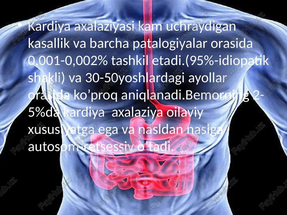 qib bemorlarni ovqat iste’mol qilishni chegaralashlari bilan bog’liq. xavf omillari yoshi katta bemorlar (yutish refleksi sekinlashadi) spirtli ichimliklar va tamaki mahsulotlari iste’moli radiatsion terapiya yoki kimyoviy moddalar ta’siri gastroezofageal reflyuks kasalligi neyrodegenerativ kasalliklar (parkinson, alzheimer) qizilo‘ngachda yallig‘lanish yoki o‘smalar tarixi patogenez disfagiyaning patogenezini ikki asosiy mexanizm orqali tushuntirish mumkin: 1. motor (funksional) mexanizm normal yutish jarayonida til, halqum, qizilo‘ngach va pastki sfinkter o‘zaro muvofiqlashgan tarzda qisqaradi. axalaziyada pastki sfinkterning bo‘shashish refleksi yo‘qoladi. natijada oziq qizilo‘ngachda to‘planadi va yutish qiyinlashadi. neyromuskulyar kasalliklarda nerv impulslarining uzatilishi buziladi, bu esa mushaklarning koordinatsiyasini yo‘qotadi. 2. mexanik (organik) mexanizm o‘smalar, strikturalar yoki xorijiy jismlar qizilo‘ngach o‘tkazuvchanligini kamaytiradi. qizilo‘ngach devorida chandiqlanish va torayishlar hosil bo‘ladi, natijada yutish paytida to‘siq paydo bo‘ladi. og‘riq hosil bo‘lish mexanizmi (odinofagiya) disfagiya jarayonida og‘riq bir necha sabablar bilan yuzaga keladi: yallig‘lanish – ezofagit yoki reflyuksda shilliq qavat eroziyalari paydo bo‘ladi, yutish paytida asab retseptorlari qo‘zg‘aladi. spazm – mushaklarning reflektor tarzda kuchli …