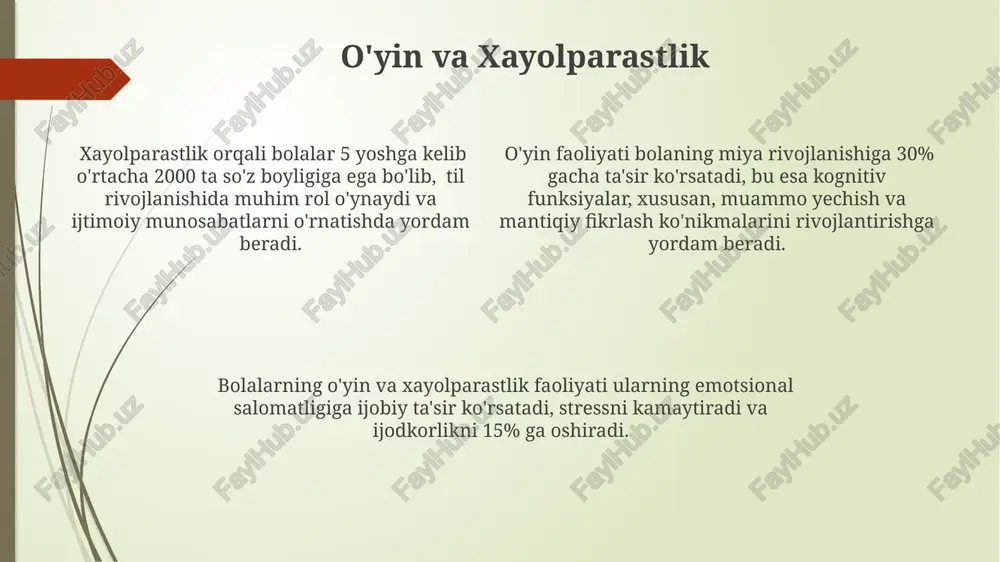 rishini ko’rsatadigan tadqiqotlar mavjud. o’yinlarning samaradorligini oshirish uchun “ijodiy o’yinlar”da 4 ta asosiy bosqich qo’llaniladi: rejalashtirish, amalga oshirish, baholash va takomillashtirish. ijodkorlikni rivojlantirishga qaratilgan “ijodiy o’yinlar” 5 yoshgacha bo’lgan bolalar uchun 20 dan ortiq turli xil faoliyatlarni o’z ichiga oladi, shu jumladan qo’l mehnati, musiqa va rol o’ynash. turli xil o'yin turlari roll o'yinlari, masalan, "shifokor", "do'kon", bolalarda 5 dan ortiq ijtimoiy rollarni o'ynash orqali muloqot ko'nikmalarini va ijodkorligini oshiradi. "turli xil o'yin turlari" bolaning ijtimoiy-emotsional rivojlanishiga ijobiy ta'sir ko'rsatadi, 2-7 yosh oralig'ida o'yin faoliyatining taxminan 70% ni tashkil etadi. harakatli o'yinlar, masalan, "qo'chqor", "qo'g'irchoq", kabi 3-5 nafar bola ishtirokida o'ynaladi va ularning jismoniy faolligi, muvozanati va tezkorligini rivojlantiradi. e'tiboringiz uchun rahmat @taqdimot_robot