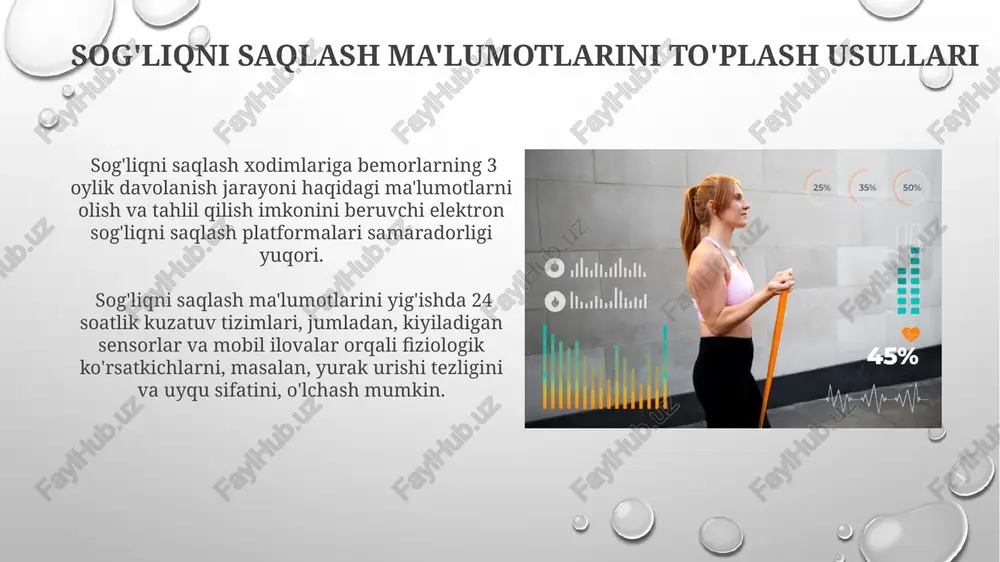 davomida, shaxsiy tibbiy tarixingizni, shu jumladan, 3 avlod oilangizdagi kasalliklarni batafsil bayon qilish diagnostika aniqligini oshiradi. ma'lumotlarni tahlil qilish va talqin qilish sog'liqni saqlash ko'rsatkichlarining o'rtacha qiymati va standart og'ishishini hisoblash orqali ma'lumotlarning tarqalishini va normal diapazondan chetlanishlarini aniqlash mumkin. korrelyatsion tahlil orqali ikki yoki undan ortiq sog'liq ko'rsatkichlari o'rtasidagi bog'liqlikni (masalan, 0.8 dan yuqori bo'lgan korrelyatsiya) aniqlash va salomatlik holatini yanada to'liq baholash mumkin. uyqu sifati va jismoniy faollik uyqu sifati va jismoniy faollik o'rtasida kuchli bog'liqlik mavjud bo'lib, haftasiga kamida 150 daqiqa o'rtacha intensivlikdagi jismoniy mashqlar uyqu sifati parametrlarini, jumladan, uyquga ketish vaqtini va uyquning umumiy davomiyligini yaxshilaydi. sog'lom kattalar uchun tavsiya etilgan 7-9 soatlik uyqu miqdori jismoniy mashqlar samaradorligini oshirishga yordam beradi. uyqu yetishmovchiligi mushaklarning tiklanishi va jismoniy faollikka chidamliligini pasaytiradi. o'z-o'zini sog'liqni saqlashni kuzatishning kelajagi kiber-fizik tizimlar va iot qurilmalari orqali yigʻiladigan katta hajmdagi maʼlumotlarni tahlil qilish, kelgusi 10 yil ichida kasalliklarning oldini olish va davolash …
