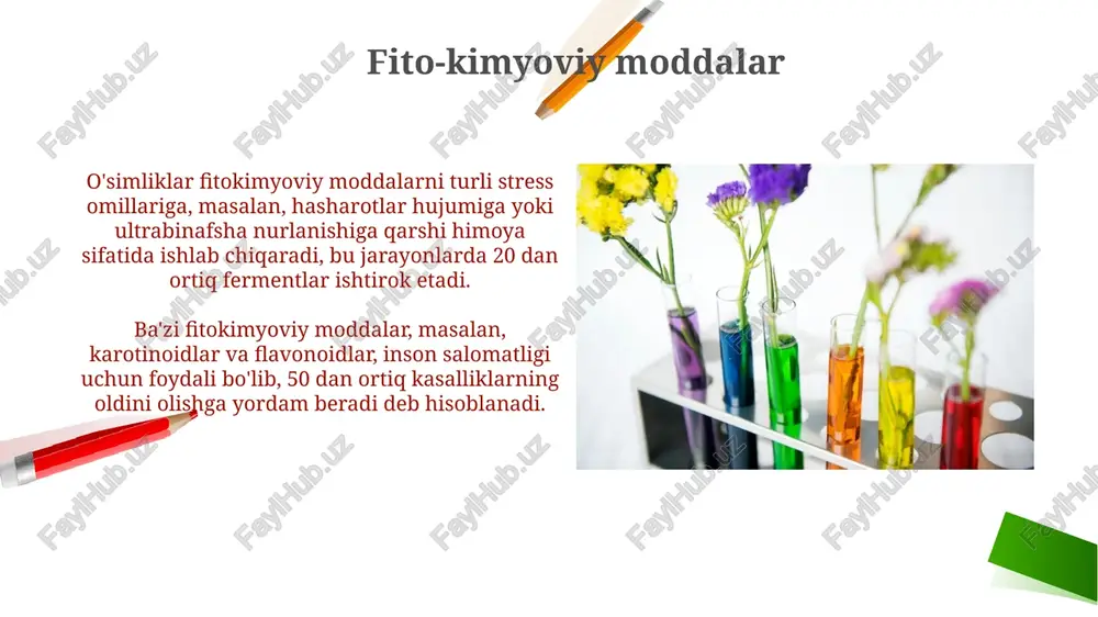 imdir. transpiratsiya jarayonida o'simliklar 1 g glyukoza uchun taxminan 400 g suv sarflaydi, bu suvning o'simliklar hayotidagi ahamiyatini yanada ta'kidlaydi. o'simliklarning ozuqaviy sifati vitaminlarning (masalan, a, c, k vitaminlari) miqdori o'simlik turining xususiyatlariga va yetishtirish sharoitlariga qarab 10 dan 100 mg gacha farq qilishi mumkin. o'simliklarning ozuqaviy sifati, jumladan, 100 grammida 20 grammgacha protein bo'lishi mumkin bo'lgan dukkakli o'simliklar kabi o'simliklarning tarkibidagi makro va mikroelementlar miqdoriga bog'liq. o'simliklar va inson salomatligi o'simliklarning tarkibidagi magniy, kaliy va kaltsiy kabi minerallar qon bosimini nazorat qilishga va suyak salomatligini mustahkamlashga yordam beradi, bu esa osteoporozni oldini olishga hissa qo'shadi. o'simliklar tarkibidagi 100 dan ortiq turdagi fitokimyoviy moddalar, antioksidantlar va boshqa foydali birikmalar inson organizmini turli kasalliklardan, jumladan yurak-qon tomir kasalliklari va saraton kasalligidan himoya qiladi. e'tiboringiz uchun rahmat @taqdimot_robot image2.png image1.png image5.jpg image6.jpg image7.jpg image8.jpg image9.jpg image10.jpg image11.jpg image12.jpg image13.jpg image14.jpg image15.jpg image16.jpg image17.jpg image18.jpg image19.jpg image20.jpg image21.jpg