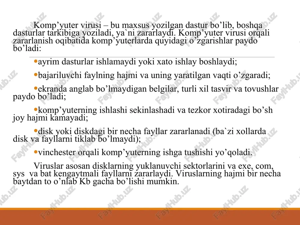 an ishni bajargan holda zararlangan fayldan viruslarni chiqarib tashlaydi va faylni oldingi holatiga qaytaradi. bunday dasturlarga aidstest, doctor web dasturlari misol bo’ladi. vaktsinalar – yuqoridagilardan farqli ravishda himoyalanayotgan dasturga o’rnatiladi. natijada dastur zararlngan hisoblanib, virus tomonidan o’zgartirilmaydi. faqatgina ma`lum viruslarga nisbatan vaktsina qilinishi uning kamchiligi hisoblanadi. privivka – fayllarda xuddi virus zararlagandek iz qoldiradi. buning natijasida viruslar “privivka qilingan” faylga yopishmaydi.fil trlar – qo’riqlovchi dasturlar ko’rinishida bo’lib, rezident holatda ishlab turadi va viruslarga xos jarayonlar bajarilganda, bu haqida foydalanuvchiga xabar beradi. revizorlar – eng ishonchli himoyalovchi vosita bo’lib, diskning birinchi holatini xotirasida saqlab, undagi keyingi o’zgarishlarni doimiy ravishda nazorat qilib boradi. bunga adinf dasturi misol bo’ladi. quyidagi antivirus dasturlaridan keng foydalaniladi: notnon antivirus, kaspersky security. kasperskiy antivirus va nod32 programmasi eng ommabop programmalardan bo’lib, u bir nechta zaruriy modullardan tashkil topgan: 1.skaner – qattiq diskni virus bilan zararlanganligini tekshiradi. umumiy qidirish rejimi buyrug’i berilsa, programma barcha fayllarni ketma-ket tekshiradi. shu …