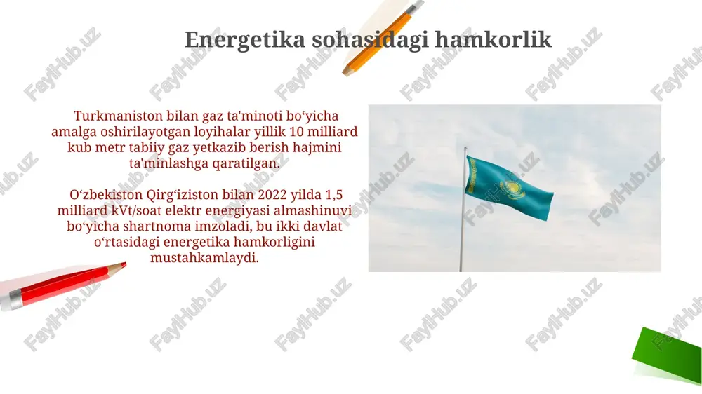 ishga, chegaralarni delimitatsiya qilish va demarkatsiya qilishga qaratilgan 50 dan ortiq ikki tomonlama shartnomalar imzoladi. mintaqaviy xavfsizlikni ta'minlash maqsadida o'zbekiston markaziy osiyo davlatlari bilan harbiy-texnikaviy hamkorlikni rivojlantirdi, terrorizm va transmilliy jinoyatchilikka qarshi kurashda 5 dan ortiq qo'shma operatsiyalar o'tkazildi. transport va logistika “uzbekistan airways” aviakompaniyasi mintaqadagi 5 ta mamlakatga toʻgʻridan-toʻgʻri parvozlarni amalga oshirib, yillik yoʻlovchi tashish hajmini 2022 yilga nisbatan 20% ga oshirdi. oʻzbekiston, qozogʻiston va qirgʻiziston oʻrtasida avtomobil yoʻllari orqali yuk tashish hajmi 2024 yilning birinchi choragida taxminan 10 million tonnani tashkil etdi, bu esa logistika xarajatlarini sezilarli darajada kamaytirdi. madaniy-gumanitar aloqalar 2023 yilda o'zbekistonning madaniy-gumanitar aloqalar byudjeti 15% ga oshdi, bu esa mintaqaviy hamkorlikni yanada kuchaytirishga qaratilgan. madaniy-gumanitar aloqalar doirasida o'zbekiston 5 dan ortiq qo'shma ta'lim dasturlarini amalga oshirmoqda, bu esa minglab talaba almashinuvini ta'minlaydi. e'tiboringiz uchun rahmat @taqdimot_robot image2.png image1.png image5.jpg image6.jpg image7.jpg image8.jpg image9.jpg image10.jpg image11.jpg image12.jpg image13.jpg image14.jpg image15.jpg image16.jpg image17.jpg image18.jpg image19.jpg image20.jpg image21.jpg