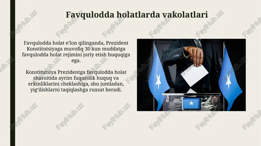 gi prezidentning konstitutsiyaga muvofiq javobgarligi, 97-moddada belgilanganidek, o‘zbekiston respublikasi oliy majlisiga tegishli bo‘lib, u faqatgina konstitutsiyada belgilangan holatlarda amalga oshiriladi. prezidentning konstitutsiyaviy javobgarligi, davlat to‘ntarishi yoki boshqa jiddiy konstitutsiyaviy huquqbuzarliklar kabi og‘ir jinoyatlarni sodir etgan taqdirda qo‘llanilishi mumkin. prezidentning vakolat muddati va qayta saylanishi prezidentning vakolat muddati besh yilni tashkil etadi va u konstitutsiyaga muvofiq ikki martadan ko‘p bo‘lmagan muddatga qayta saylanishi mumkin. qayta saylanish uchun prezident nomzod sifatida qatnashishi va belgilangan tartibda saylovlarda g‘olib chiqishi shart. e'tiboringiz uchun rahmat @taqdimot_robot image1.jpg image2.jpg image3.jpg image4.jpg image5.jpg image6.jpg image7.jpg image8.jpg image9.jpg image10.jpg image11.jpg image12.jpg image13.jpg image14.jpg image15.jpg image16.jpg image17.jpg
