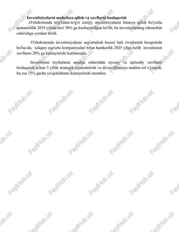 ilda ttxi oʻsishi tufayli 100 mingdan ortiq yangi ish oʻrinlari yaratildi, bu esa aholining bandligini oshirish va kambagʻallikni kamaytirishga yordam berdi. investitsiyalarni muhofaza qilish va xavflarni boshqarish o'zbekistonda to'g'ridan-to'g'ri xorijiy investitsiyalarni himoya qilish bo'yicha qonunchilik 2019 yildan beri 30% ga kuchaytirilgan bo'lib, bu investorlarning ishonchini oshirishga yordam berdi. o'zbekistonda investitsiyalarni sug'urtalash bozori hali rivojlanish bosqichida bo'lsa-da, xalqaro sug'urta kompaniyalari bilan hamkorlik 2025 yilga kelib investitsion xavflarni 20% ga kamaytirishi kutilmoqda. investitsion loyihalarni amalga oshirishda siyosiy va iqtisodiy xavflarni boshqarish uchun 5 yillik strategik rejalashtirish va diversifikatsiya muhim rol o'ynaydi, bu esa 15% gacha yo'qotishlarni kamaytirishi mumkin. 📌xulosa o'zbekiston iqtisodiyotining jadal rivojlanishida to'g'ridan-to'g'ri xorijiy investitsiyalar muhim omil bo'lib, infratuzilmani yaxshilash, yangi ish o'rinlari yaratish va yalpi ichki mahsulotning o'sishiga xizmat qilmoqda. 📚foydalanilgan adabiyotlar 1. o'zbekiston respublikasining investitsiya siyosati va uning iqtisodiy rivojlanishiga ta'siri. (o'zbekiston iqtisodiyoti va statistikasi ilmiy-tadqiqot instituti ma'lumotlari asosida) 2. xalqaro investitsiyalar va o'zbekistonning sanoatlashuvi. (jahon bankining o'zbekiston bo'yicha …