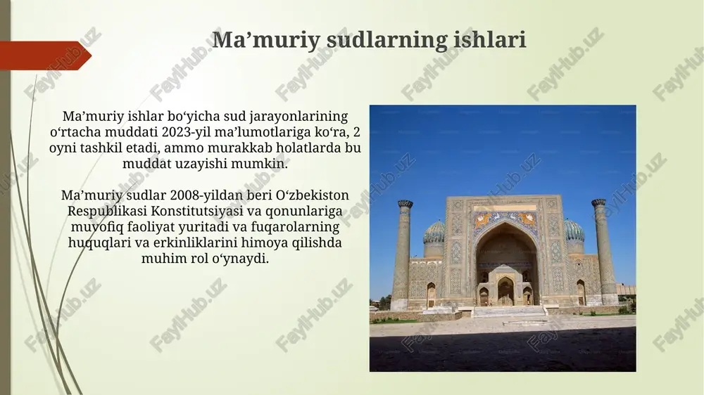 il uchun iqtisodiy sudlarning byudjeti 50 milliard so'mdan oshdi, bu ularning moddiy-texnik bazasini mustahkamlash va xodimlarni malakasini oshirishga yo'naltirilgan. iqtisodiy sudlar 2022-yilda 15 000 dan ortiq iqtisodiy nizolarni ko'rib chiqdi, bu ularning yuklamalari yuqori ekanligini ko'rsatadi. e'tiboringiz uchun rahmat @taqdimot_robot image1.jpg image2.jpg image3.jpg image4.jpg image5.jpg image6.jpg image7.jpg image8.jpg image9.jpg image10.jpg image11.jpg image12.jpg image13.jpg image14.jpg image15.jpg