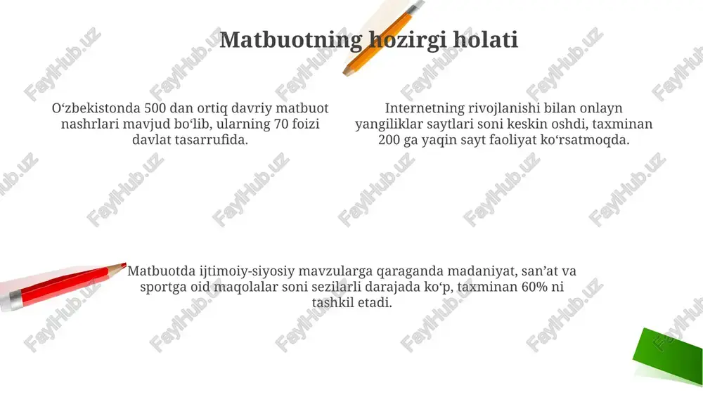 da ayollar siyosiy lavozimlarda kam namoyon boʻlishi (taxminan 20% atrofida) gender tengsizligini aks ettiradi, bu esa jamiyatda mavjud stereotiplarni mustahkamlaydi. 2020-yilgi tadqiqotlarga koʻra, ommaviy axborot vositalarida erkaklarga nisbatan ayollar haqidagi salbiy xabarlar koʻproq uchraydi, bu esa gender kamsitishini kuchaytiradi va ularning ijtimoiy mavqeiniga ta'sir qiladi. televizion dasturlarda va ommaviy axborot vositalarining boshqa turlarida ayollarni asosan an'anaviy rollarda (uy bekasi, ona) koʻrsatish gender stereotiplarini targʻib qilib, jinsiy tengsizlikni saqlab qoladi. ommaviy axborot vositalarining iqtisodiyoti raqamli ommaviy axborot vositalarining tomoshabinlar soni yiliga 20% ga oʻsmoqda, bu esa onlayn reklama bozorining tez rivojlanishini bildiradi. oʻzbekistondagi ommaviy axborot vositalari bozorining hajmi 2023 yilda taxminan 1 milliard aqsh dollariga yetgan, bu sohaga investitsiyalar oʻsishini koʻrsatadi. davlat ommaviy axborot vositalarining reklama daromadlari umumiy daromadning 60% dan ortigʻini tashkil etadi, qolgan qismi esa tijoriy va xususiy nashrlardan keladi. ommaviy axborot vositalarining siyosiy roli prezident saylovlari va parlament saylovlari kabi muhim siyosiy tadbirlar davomida ommaviy axborot vositalari 90% …