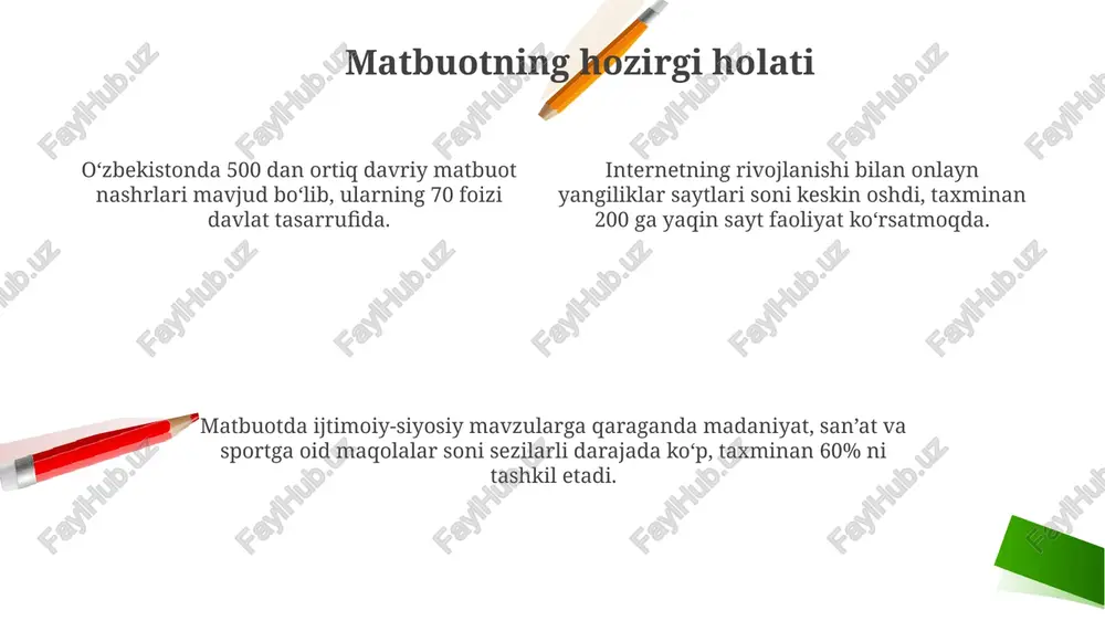 da ayollar siyosiy lavozimlarda kam namoyon boʻlishi (taxminan 20% atrofida) gender tengsizligini aks ettiradi, bu esa jamiyatda mavjud stereotiplarni mustahkamlaydi. 2020-yilgi tadqiqotlarga koʻra, ommaviy axborot vositalarida erkaklarga nisbatan ayollar haqidagi salbiy xabarlar koʻproq uchraydi, bu esa gender kamsitishini kuchaytiradi va ularning ijtimoiy mavqeiniga ta'sir qiladi. televizion dasturlarda va ommaviy axborot vositalarining boshqa turlarida ayollarni asosan an'anaviy rollarda (uy bekasi, ona) koʻrsatish gender stereotiplarini targʻib qilib, jinsiy tengsizlikni saqlab qoladi. ommaviy axborot vositalarining iqtisodiyoti raqamli ommaviy axborot vositalarining tomoshabinlar soni yiliga 20% ga oʻsmoqda, bu esa onlayn reklama bozorining tez rivojlanishini bildiradi. oʻzbekistondagi ommaviy axborot vositalari bozorining hajmi 2023 yilda taxminan 1 milliard aqsh dollariga yetgan, bu sohaga investitsiyalar oʻsishini koʻrsatadi. davlat ommaviy axborot vositalarining reklama daromadlari umumiy daromadning 60% dan ortigʻini tashkil etadi, qolgan qismi esa tijoriy va xususiy nashrlardan keladi. ommaviy axborot vositalarining siyosiy roli prezident saylovlari va parlament saylovlari kabi muhim siyosiy tadbirlar davomida ommaviy axborot vositalari 90% …