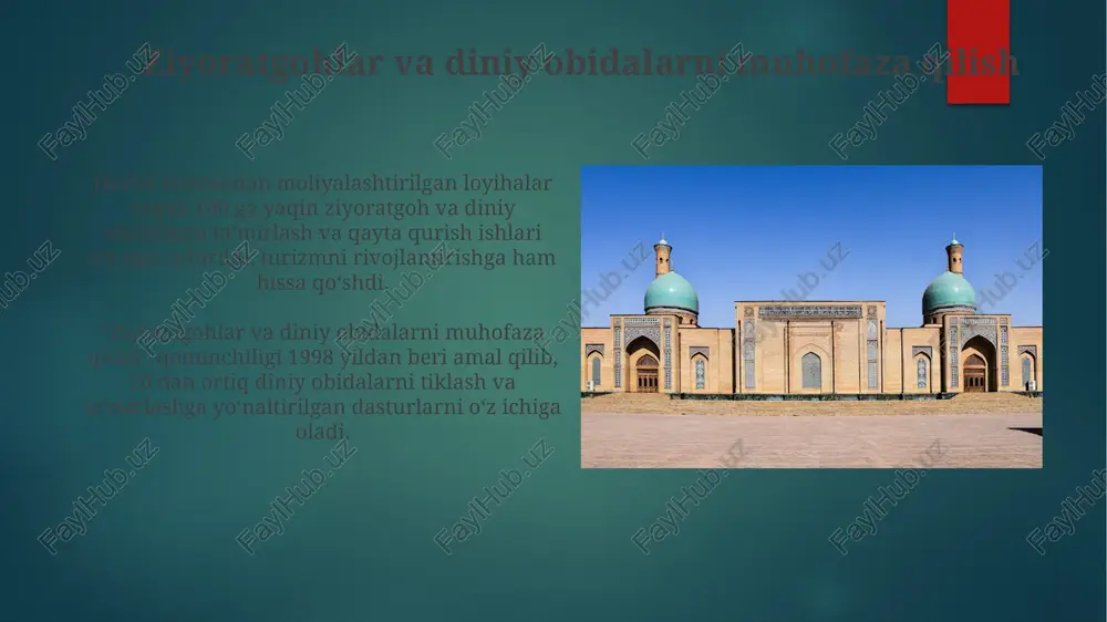 onstitutsiyasi davlatning din bilan munosabatlarini dunyoviylik tamoyili asosida tartibga soladi va 18-moddada bu tamoyilni mustahkamlaydi. diniy adabiyotlar nashri va tarqalishi uzbekistan qonunchiligi boʻyicha, 18 yoshgacha boʻlgan shaxslarga diniy adabiyotlarni sotish yoki tarqatish taqiqlanadi, bu yoshlarni diniy ekstremistik gʻoyalardan himoya qilish maqsadida belgilangan. 2019-yildan boshlab diniy adabiyotlarni elektron shaklda tarqatishga oid qoidalar qat'iylashtirildi va litsenziyalash tartibi kuchaytirildi, bu noqonuniy kontent tarqalishining oldini olishga qaratilgan. diniy tashkilotlarning roʻyxatdan oʻtkazilishi roʻyxatdan oʻtish uchun kamida 100 nafar doimiy aʼzosi boʻlgan diniy tashkilotlar yuridik shaxs sifatida roʻyxatdan oʻtishlari shart. diniy tashkilotlarni roʻyxatdan oʻtkazish jarayoni 5 kun ichida tugallanishi kerak, ammo amalda bu muddat koʻpincha uzayadi va qoʻshimcha hujjatlar talab qilinadi. e'tiboringiz uchun rahmat @taqdimot_robot image6.jpg image7.jpg image8.jpg image9.jpg image10.jpg image11.jpg image12.jpg image13.jpg image14.jpg image15.jpg image16.jpg image17.jpg image18.jpg image19.jpg image20.jpg image21.jpg image22.jpg image2.png image3.png image4.png image5.png