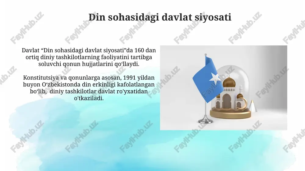 da qabul qilingan boʻlib, diniy tashkilotlarni roʻyxatdan oʻtkazish tartibini, ularning faoliyatiga qoʻyilgan cheklovlarni va davlat bilan oʻzaro munosabatlarini aniq belgilab beradi. diniy tashkilotlarni roʻyxatdan oʻtkazish tartibi roʻyxatdan oʻtish jarayoni 30 kun ichida yakunlanishi kerak, ammo muayyan holatlarda 60 kungacha choʻzilishi mumkin, qonunchilikka muvofiq. roʻyxatdan oʻtkazilgan diniy tashkilotlar faoliyatini nazorat qilish uchun davlat diniy idoralari tomonidan muntazam tekshiruvlar oʻtkaziladi, bu tekshiruvlar yiliga 2 martadan oshmasligi kerak. diniy bagʻrikenglik va tolerantlikni taʼminlash “diniy bagʻrikenglik va tolerantlikni taʼminlash” qonunchiligi 1991-yildan keyin qabul qilingan 20 dan ortiq qonun va qarorlarni oʻz ichiga oladi, ular diniy erkinlikni kafolatlashga qaratilgan. uzbekistanning konstitutsiyasi, 24-moddasi, fuqarolarning vijdon erkinligi va diniy eʼtiqodlariga hurmatni taʼminlashga bagʻishlangan boʻlib, bu tamoyil 200 dan ortiq diniy tashkilotlarning faoliyatini tartibga soladi. chet ellik diniy tashkilotlar bilan hamkorlik 2018 yildan buyon 10 dan ortiq chet ellik diniy tashkilot bilan madaniy-ma'rifiy loyihalarni amalga oshirish bo'yicha shartnomalar imzolangan, ularning asosiy yo'nalishi diniy bag'rikenglikni targ'ib qilishdir. chet ellik …