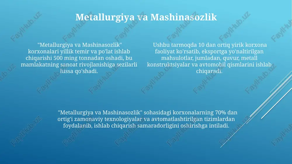 ta'minlaydi. aloqa va axborot texnologiyalari “aloqa va axborot texnologiyalari” kompaniyalari oʻzbekistondagi umumiy internet foydalanuvchilar sonining 25 millionni tashkil etishida muhim rol oʻynaydi, bu esa keng polosali infratuzilmani rivojlantirishga boʻlgan talabni oshiradi. ushbu sohada faoliyat yurituvchi yirik korxonalar yillik 100 million dollarlikdan ortiq daromad oladi va 5000 dan ortiq yuqori malakali mutaxassislarni ish bilan ta’minlaydi. “aloqa va axborot texnologiyalari” sohasidagi korxonalar 4g va 5g mobil aloqa texnologiyalarini joriy etish va rivojlantirish orqali raqamli iqtisodiyotning tez sur’atlarda oʻsishiga hissa qoʻshmoqda. oziq-ovqat sanoati uzbekistanning oziq-ovqat sanoati 50 mingdan ortiq ish o'rinlarini ta'minlaydi va ichki bozor ehtiyojlarini qondiradigan turli xil mahsulotlarni ishlab chiqaradi. sohada yillik o'rtacha 15% ga yaqin o'sish sur'ati kuzatilmoqda, bu esa zamonaviy texnologiyalarni joriy etish va investitsiyalar oqimining ko'payishi bilan bog'liq. oziq-ovqat sanoati korxonalarining 20% dan ortig'i eksportga yo'naltirilgan mahsulotlar ishlab chiqaradi, bu esa mamlakat iqtisodiyotining rivojlanishiga sezilarli hissa qo'shadi. e'tiboringiz uchun rahmat @taqdimot_robot