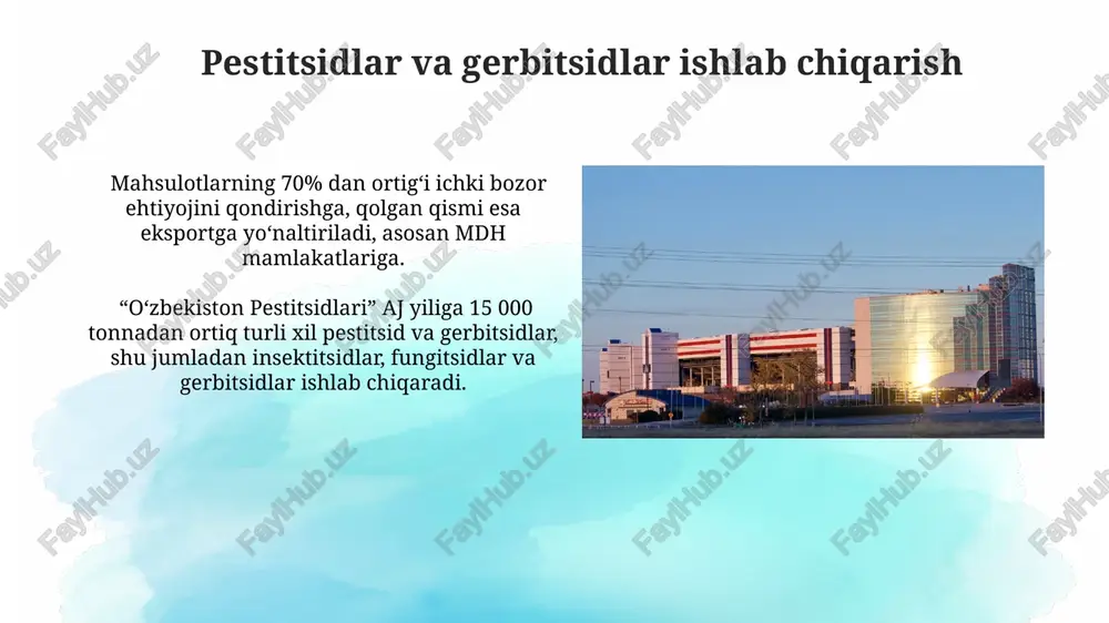 hiqarish oʻzbekistondagi yirik kimyoviy korxonalar tomonidan 2022-yilda 500 ming tonnadan ortiq uy-roʻzgʻor kimyoviy mahsulotlari, jumladan, kir yuvish vositalari va tozalovchi moddalar ishlab chiqarildi. mamlakatda uy-roʻzgʻor kimyosi bozorining 30% dan ortigʻini mahalliy ishlab chiqaruvchilar qoplaydi, bu sohaga 150 million dollarlik investitsiyalar jalb qilingan. maxsus kimyoviy mahsulotlar ishlab chiqarish "maxsus kimyoviy mahsulotlar" ishlab chiqarishda o'zbekiston korxonalari yiliga o'rtacha 50 000 tonnadan ortiq turli xil maxsus kimyoviy birikmalar, shu jumladan, polimerlar va reaktivlar ishlab chiqaradi. "maxsus kimyoviy mahsulotlar" bozorida 20 dan ortiq yirik va o'rta korxonalar faoliyat yuritadi, ularning umumiy ishlab chiqarish quvvati yiliga 100 000 tonnadan oshadi. kimyoviy xom ashyo yetkazib beruvchilar oʻzbekistondagi kimyoviy xom ashyo yetkazib beruvchilarning 20 dan ortiq kompaniyasi yiliga 500 ming tonnadan ortiq mahsulot ishlab chiqaradi va eksport qiladi. maxsus kimyoviy xom ashyo, jumladan, 100 dan ortiq turdagi organik va noorganik birikmalarni yetkazib beruvchi yirik korxonalar mavjud. e'tiboringiz uchun rahmat @taqdimot_robot image2.jpg image3.jpg image4.jpg image5.jpg image6.jpg image7.jpg image8.jpg …