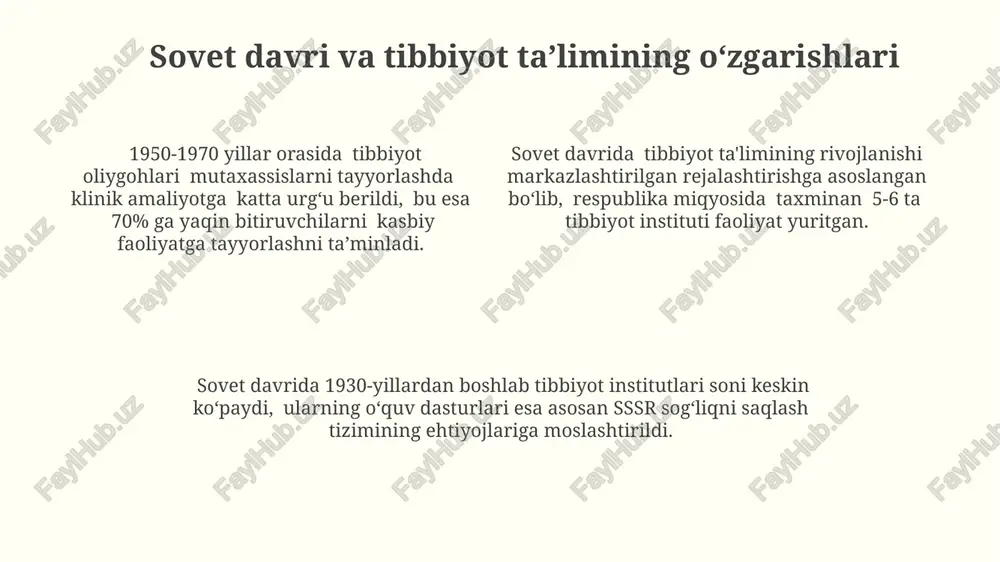 itiruvchilarning ishga joylashish darajasi (80% dan yuqori) va kasbiy faoliyat ko'rsatkichlari hisobga olinadi. tibbiyot oliygohlarining o'quv rejalari va dasturlari jahon sog'liqni saqlash tashkiloti tavsiyalariga muvofiqligi va yiliga kamida 20% yangilanishi sifat monitoringining muhim ko'rsatkichlaridan biridir. kadrlar tayyorlashning zamonaviy usullari va texnologiyalari onlayn o'quv platformalaridan foydalanish natijasida 1500 dan ortiq talaba masofadan turib malaka oshirish kurslarini muvaffaqiyatli yakunladi. kadrlar tayyorlashda 3d-modellashtirish va virtual reallik texnologiyalaridan foydalanish 20% ga amaliy mashg’ulotlar samaradorligini oshirdi. simulyatsion o'quv dasturlari qo'llanilishi tufayli talabalarning diagnostika ko'nikmalari 35% ga yaxshilandi. oʻquv dasturlari va oʻquv jarayonining takomillashuvi 2000-yillardan boshlab oʻzbekistondagi oliy tibbiyot taʼlimi oʻquv dasturlari jahon sogʻliqni saqlash tashkilotining standartlariga moslashtirilib, klinik amaliyotga yoʻnaltirilgan 5 yillik bakalavriat dasturlari joriy etildi. tibbiyot oliygohlarida elektron oʻquv resurslari va simulyatsion texnologiyalardan foydalanish 2010-yillardan keyin sezilarli darajada oshdi, bu esa talabalarning amaliy koʻnikmalarini rivojlantirishga yordam berdi. davlat test markazining oliy tibbiyot ta'limi muassasalariga kirish testlari natijalariga ko'ra, 2015-2020 yillar oralig'ida qabul kvotalari 20% …