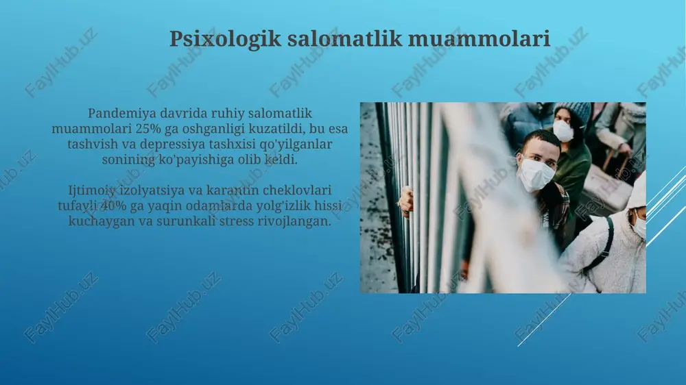 mablag’larning 15% gacha qisqarishi kuzatildi, bu esa o'quv jarayonining sifatiga ta'sir ko'rsatdi. kelajakdagi pandemiyalarga tayyorgarlik pandemiyaga qarshi kurashda samarali vaktsinalarni ishlab chiqarish va taqsimlashni tezlashtirish uchun xalqaro hamkorlikni kuchaytirish, 5 yil ichida yangi viruslarga qarshi kamida 3 ta vaktsinani yaratish maqsadini qo'yish muhim. pandemiya xavfini bashorat qilish va tahlil qilish uchun ilg'or texnologiyalarni, masalan, sun'iy intellektni va katta ma'lumotlar tahlilini qo'llash orqali prognozlashni aniqlashtirish, 90% aniqlikka erishishga harakat qilish kerak. siyosiy beqarorlik pandemiyadan keyingi davrda aholining 45% iqtisodiy qiyinchiliklar tufayli norozilik namoyishlarida ishtirok etdi, bu esa siyosiy tizimga bosim o'tkazdi va hukumatning ishonchliligini pasaytirdi. pandemiya davrida siyosiy beqarorlikning 30% ga oshishi kuzatildi, bu esa 2020-yilgi saylovlar natijalariga sezilarli ta'sir ko'rsatdi va hokimiyat almashinuvining kechikishiga sabab bo'ldi. e'tiboringiz uchun rahmat @taqdimot_robot image1.jpg image2.jpg image3.jpg image4.jpg image5.jpg image6.jpg image7.jpg image8.jpg image9.jpg image10.jpg image11.jpg image12.jpg image13.jpg image14.jpg image15.jpg image16.jpg image17.jpg