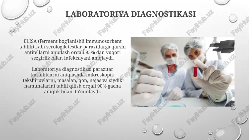 aholanishiga imkon beradi. najas tekshiruvi ko'pgina ichak parazitlari najas namunalarida o'zlarining tuxumlarini yoki kistalarini qoldiradilar, shuning uchun najas tekshiruvi parazit infektsiyalarini aniqlashning samarali usuli hisoblanadi, ayniqsa, 50% dan ortiq aniqlash darajasiga erishiladi. najas tekshiruvida kontsentratsiya usullari, masalan, flotasyon yoki sedimentatsiya, parazit tuxumlarining yoki kistalarining aniqlanishini yaxshilash uchun qo'llaniladi, bu esa diagnostika sezgirligini 80% gacha oshirishi mumkin. pcr diagnostikasi real-time pcr texnologiyasi infektsiyaning ogʻirligini aniqlash uchun parazit dnk miqdorini aniq oʻlchash imkonini beradi va davolanish samarasini kuzatishga yordam beradi. pcr diagnostikasi yuqori sezuvchanlikka ega boʻlib, 100 ng dan kam miqdordagi dnkni aniqlash imkonini beradi, bu esa parazitlarning past darajadagi infektsiyasini aniqlashda juda muhimdir. immunologik usullar western blot tahlili, 20 dan ortiq oqsilni aniqlash orqali, parazitning turini aniqlash va noaniq natijalarni aniqlashtirishda qo'shimcha ma'lumot beradi. immunofluoresensiya testi (ift) to'qimalardagi parazit antigenlarini aniqlashda yuqori sezuvchanlikni ta'minlaydi, 5 mkm dan kichik parazitlarni ham aniqlash imkonini beradi. e'tiboringiz uchun rahmat @taqdimot_robot image3.png image4.jpg image5.jpg image6.jpg …