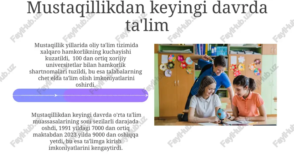 ompyuter texnologiyalari va raqamli resurslardan foydalanish zamonaviy pedagogik yondashuvlarda 20% dan ortiq samaradorlikni oshirishga yordam beradi deb hisoblanadi. yangi uslublarning kirib kelishi 20-asrning boshlarida, rus ta'lim tizimining ta'siri ostida, pedagogikada yangi uslublar, jumladan, aktiv o'qitish va guruhli ishlash usullari asta-sekin kirib keldi. sovet davrida, taxminan 1930-yillardan boshlab, yagona davlat ta'lim standarti joriy etildi va pedagogikada marksist-leninist ideologiyaga asoslangan yangi uslublar majburiy bo'ldi. o'rta asrlardagi pedagogik fikrlar imom al-buxoriy, imom termiziy kabi allomalar tomonidan yaratilgan hadis to'plamlari o'quv qo'llanmalari sifatida ishlatilgan va 1000 dan ortiq hadisni o'z ichiga olgan. o'rta asr madrasalarida 10 yildan ortiq davom etgan tahsil olish tizimi mavjud bo'lib, unda diniy fanlar bilan bir qatorda, matematika, astronomiya kabi aniq fanlar ham o'qitilgan. e'tiboringiz uchun rahmat @taqdimot_robot image4.jpg image5.jpg image6.jpg image7.jpg image8.jpg image9.jpg image10.jpg image11.jpg image12.jpg image13.jpg image14.jpg image15.jpg image16.jpg image17.jpg image18.jpg image19.jpg image20.jpg image1.jpeg image2.jpeg image3.jpeg