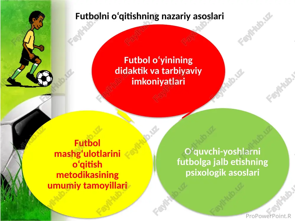 u jarayonni yanada takomillashtiradi, natijada futbol o‘qitish nafaqat sport, balki hayotiy ko‘nikmalarni shakllantirish vositasiga aylanadi. ushbu usullar joriy etilganda, o‘qituvchilar va talabalar o‘rtasidagi hamkorlik kuchayib, umumiy natijalar sezilarli darajada yaxshilanadi. propowerpoint.ru foydalanilgan adabiyotlar o‘zbekiston respublikasi “jismoniy tarbiya va sport to‘g‘risida”gi qonuni. – toshkent, 2015. o‘zbekiston respublikasi prezidentining “jismoniy tarbiya va sport sohasini yanada rivojlantirish chora-tadbirlari to‘g‘risida”gi qarori. – toshkent, 2020. qodirov b. “sport pedagogikasi”. – toshkent: o‘qituvchi, 2020. yuldashev a. “jismoniy madaniyat nazariyasi va metodikasi”. – toshkent, 2019. hasanov r. “futbol nazariyasi va o‘qitish metodikasi”. – toshkent, 2021. abdullaev m. “innovatsion pedagogik texnologiyalar”. – toshkent, 2022. propowerpoint.ru image2.jpeg image3.gif image4.jpeg image5.jpeg image6.jpeg image1.jpeg /docprops/thumbnail.jpeg
