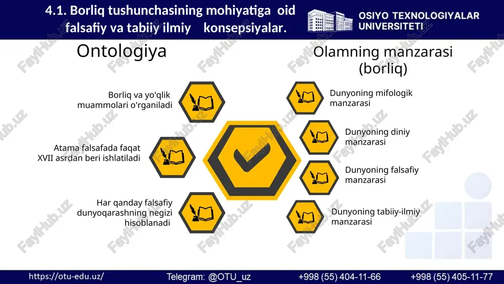 o'zi, "tajriba orqali berilgan hodisa") – zohiriy borliq, ya'ni biluvchi subyekt qanday ko'rishiga bog'liq. inson borlig’i oʻzbekiston respublikasi prezidentining 2019-yil 30-oktyabrdagi “2030-yilgacha boʻlgan davrda oʻzbekiston respublikasining atrof-muhitni muhofaza qilish kontseptsiyasi” xalqaro hamkorlik munosabatlari oʻzbekiston 1993-yildan buyon bmtning iqlim oʻzgarishi toʻgʻrisidagi konvensiyasi a’zosi 1993-yil 18-mayda ozon qatlamini muhofaza qilish vena konventsiyasi 4.4. oʻzbekistonda “yashil makon” umummilliy dasturining tabiatni asrashdagi ahamiyati 2021-yil 30-dekabrdagi “respublikada koʻkalamzorlashtirish ishlarini jadallashtirish “yashil makon” umummilliy loyihasi dasturlarida atrof muhit obʻektlari havo, suv, er, tuproq, er qaʻri, bioxilma-xillik, qoʻriqlanadigan tabiiy hududlar (bmt) 2015-yilda qabul qilingan “barqaror rivojlanish maqsadlari” 4.4. oʻzbekistonda “yashil makon” umummilliy dasturining tabiatni asrashdagi ahamiyati 4.4. oʻzbekistonda “yashil makon” umummilliy dasturining tabiatni asrashdagi ahamiyati ontologiya - borliq falsafasining muammolari borliq va yo'qlik mavjudlik va nomavjudlik tirik tabiat borlig'ining birinchi darajasi tirik tabiat borlig'ning ikkinchi darajasi inson ongi borlig'i mikro elementar zarralar, korpuskulalar, atomlar, elektronlar, protonlar muayyan odamlar borlig'i ijtimoiy borliq ideal borliq ruhsiz jismlar borlig'i: 1. …
