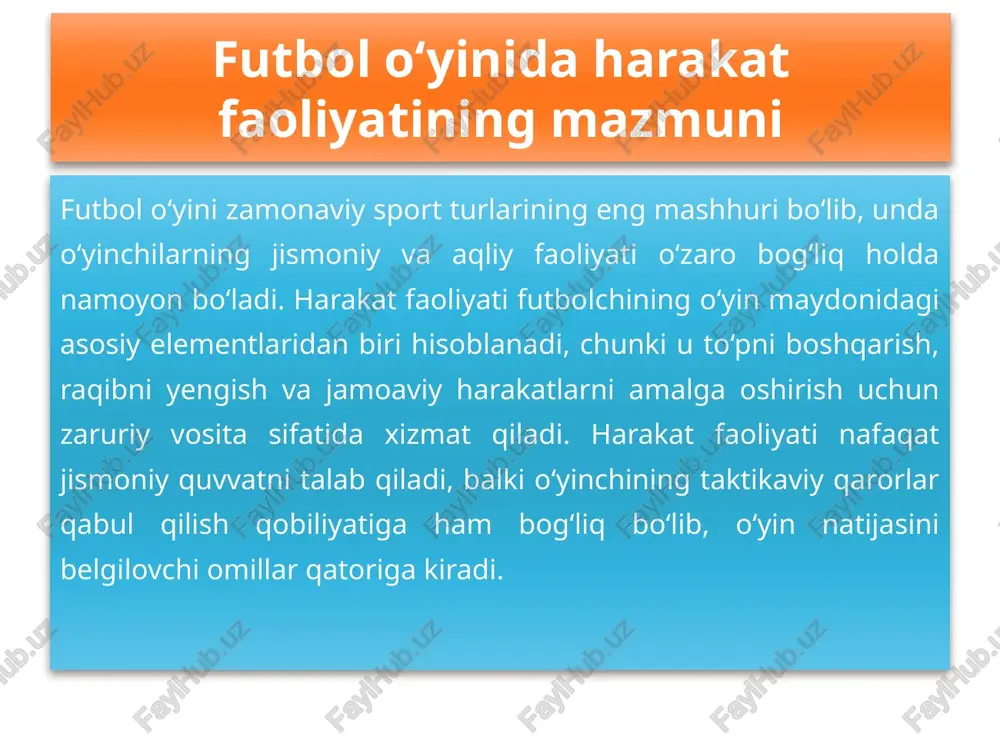 a texnologiya, 2019. karimov a. “jismoniy tarbiya nazariyasi va amaliyoti.” – toshkent: istiqlol, 2021. g‘aniyev sh. “sport mashg‘ulotlarining ilmiy asoslari.” – samarqand: samdu nashriyoti, 2018. saidov o. “futbolchilar tayyorgarligini baholash usullari.” – toshkent: o‘zdjti, 2022. image1.jpeg image2.jpeg image3.jpeg image4.gif image5.png image6.png image7.png image8.png