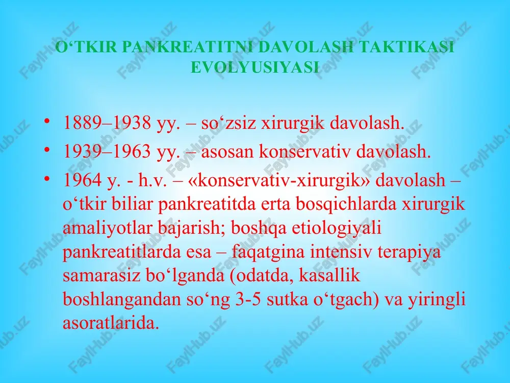 itik fermentovlar aktivligi (tripsinogenni tripsinga utishi, elastazani aktivligi va tomirlar devorini shikasti) iii. mikroblar komponenti yogli pnz gemmorragik pnz yiringli pnz a'zo ishemiyasi shishli pankreatit patologik anatomiya gemorragik pankreatit patologik anatomiya yiringli pankreatit patologik anatomiya o‘tkir pankreatitning klinik manzarasi og‘riq - epigastral sohada o‘tkir pankreatitning shishli shaklida kuchsizrok, pankreonekrozda kuchli bo‘ladi. ovqat-lanishga maromi buzilganda q¢ziydi va seziladi. og‘riq ko‘p hollarda qorinning yuqori qismini egallaydi va belbog‘si-mon tus oladi (lobachev simptomi). og‘riqlarning bel sohasiga irradiatsiyasi (meyo- robson belgisi), o‘ng kurak ostiga (boas), o‘ng yelka sohasiga, o‘ng o‘mrov ostiga irradiatsiyasi (myussi simptomi) kuzatiladi. qàéò qèëèø - o‘tkir pankreatitga xos belgi, ko‘proq kayta-lanuvchi, bemorni holdan toydiruvchi bo‘lishi mumkin, ba'-zida uzluksiz tus oladi. ichak parezi hisobiga qorinning shishishi kuzatiladi. tana harorati bemorlarda normal yoki subfebril darajada bo‘lishi mumkin. bemorni qorni shishgan, ichaklar peristaltikasi kuchaygan yoki eshitilmasligi holda, epigastral sohada regional mushaklar tarangligi aniqlanadi (kerte simptomi). o‘tkir pankreatitga xos teri simptomlari mondor simptomi – tana …
