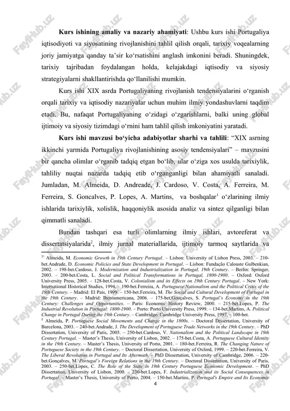 ndan tashqari esa turli olimlarning ilmiy ishlari, avtoreferat va dissertatsiyalarida , ilmiy jurnal materiallarida, ijtimoiy tarmoq saytlarida va boshqa bir qancha ma’lumotlarda yoritilishi bilan tarixiylik nuqtai nazaridan ilmiy tahlil etilganligi bilan uning qiymati yuqori bo‘lganligini ko‘rsatadi. kurs ishining tuzilishi. kirish, ikki bob, 4 paragraf, xulosa va foydalanilgan manba va adabiyotlar ro‘yxatidan iborat. i.bob. xix asrning ikkinchi yarmida portugaliyaning siyosiy ahvoli va ijtimoiy –iqtisodiy rivojlanishi 1.1 portugaliya napoleon urushlarida ishtiroki va inqiloblarning ta’siri portugaliyaning napoleon urushlaridagi ishtiroki oʻz tarixida oʻzgaruvchan ittifoqlar, harbiy kurashlar va chuqur siyosiy oʻzgarishlar bilan ajralib turadigan murakkab va muhim bob boʻldi. xix asrning boshida portugaliya o‘rnatilgan yevropa qirolligi edi, lekin uning pireney yarim orolidagi strategik pozitsiyasi uni yevropa siyosatining keng kontekstida asosiy o‘yinchiga aylantirdi, ayniqsa napoleon fransiyasi butun yevropa bo‘ylab o‘z ta'sirini kengaytirishga intildi. napoleon urushlari 1803-yilda amyen shartnomasi buzilganidan keyin boshlandi va portugaliya fransiyaning ambitsiyalari atrofidagi siyosiy va harbiy notinchlikdan darhol ta'sirlandi . portugaliya, xuddi ispaniya …