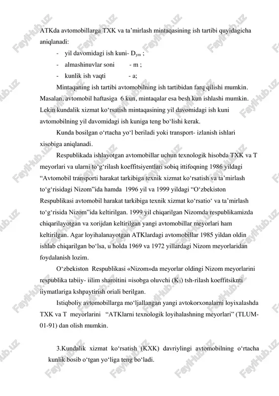 dagi avtobuslar 2700 10800 avtobuslar 3150 12600 yengil avtomobillar 3600 14400 xususiy meyorlar yuk avtomobillari maz-5335 3600 14400 gaz-53-12,gaz-53-07 3600 14400 kamaz-5320 3600 10800 avtobuslar damas 10000 20000 paz-3205 3600 14400 mersedes-bens-0405 15000 45000 bedde-214-17v 4500 9000 deu vs-113, vs-106 3600 14400 ikarus-260, 280 3600 14400 yengil avtomobillar dogan l,s 4500 9000 tiko, neksiya 10000 20000 tlum-01-91 da keltirilgan txk davriyligi qiymatlari 2-jadvalda keltirilgan 2- jadval harakat tarkibining i toifa ishlatish sharoiti uchun texnik xizmat ko‘rsatish davriyligi № harakatdagi tarkib turi meyoriy xizmat ko‘rsatish davriyligi, km txk-1 txk-2 1 yengil avtomobillar 5000 20000 2 avtobuslar 5000 20000 3 yuk avtomobillari va ular bazasidagi avtomobillar 4000 16000 4 karyer o‘zi ag‘dargich avtomobillari 2000 10000 5 tirkama va yarim tirkamalar 4000 16000 6 og‘ir yuk ko‘taruvchi tirkama va yarim tirkamalar 3000 12000 avtomobillarning mukammal ta’mirgacha bosib o‘tgan yo‘li va yangi rusumlm avtomobillarning (ularni qayta ta’mirlash ko‘zda tutilmagani uchun) xisobdan o‘chirishgacha yurgan yo‘li …