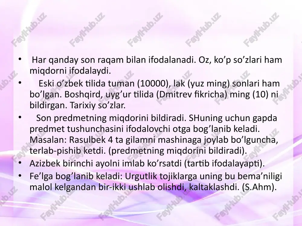 g miqdorini, sanog’ini, sonini anglatadi. sanoq sonlar predmetlarni donalab, taqsimlab, jamlab, taxmin-chamalab ko’rsatadi. sanoq sonlar quyidagi turlarga bo’linadi: 1. miqdor sonlar bir turdagi predmetlarning umumiy miqdorini bildiradi: besh, yuz, ming. miqdor sonlar hisob so’zlari bilan qo’llanadi. ular ot turkumiga mansub so’zlardir. hisob so’zlari quyidagi o’lchov birliklarini bildiradi: donalikni: dona, tup, bosh, tuyoq, ... butunning bo’lagini: tilim, chimdim, lagan, savat, qop,... juft predmetlarni: juft, jo’ra, pora. og’irlikni: grammm, kilogramm, pud, tsentner, tonna; uzunlikni: m, mm, km, qadam, qarich, odim, enli; suyuqlikni: litr, stakan, kosa, xovuch, xo’plam; pul qiymatini: so’m, tiyin, tanga; yosh o’lchovini: yosh, kunlik, oylik; vaqtni: asr, yil, daqiqa, hafta, sutka, kun. 2. dona son. bir xildagi predmetlarning yakkalab, donalab sanaladigan umumiy miqdorini bildiradi. 2 usul bilan hosil bo’ladi: morfologik usul: miqdor songa – ta qo’shimchasini qo’shib; sintaktik usul: miqdor sondan so’ng donalikni bildiradigan hisob so’zlarini keltirib. 3. chama son. predmetning taxminiy miqdorini bildiradi. miqdor songa –tacha, -larcha, -lab qo’shimchalarini …