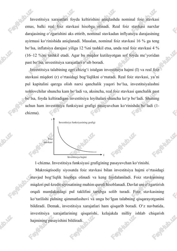 lajakda milliy ishlab chiqarish hajmining pasayishini bildiradi. foiz stavkasi i r investitsiya funksiyasining grafigi investitsiya hajmi investitsiyalashda aylanma kapitalga ustuvorlik berilishini faqat kapitalning tarkibiy tuzilishi bilan tushuntirish yetarli emas. gap shundaki, dastlabki kapital jamg‘arish davrida pulni tez to‘plash uchun uning kapital aylanishi tez sohalarga joylashtirilishi yuz beradi, chunki bunda yuqori foyda me’yori yuzaga keladi. foyda me’yori yuqori joyda esa, uni kapitallashtirish imkoni katta bo‘ladi. bu omil ham xususiy sektorda pulni aylanma kapitaliga aylantirish uchun rag‘bat yaratadi. bozor talablariga binoan tejamli xo‘ja lik yurita bilmaslik tannarxning ortishiga olib keladi, bu narx o‘zgarmagan sharoitda ham zararga olib keladi. bu albatta, investitsiyalarni o‘z mablag‘i hisobidan ta’minlash imkonini cheklab qo‘yadi. 2. investitsion faoliyat va uni tashkil etish asoslari investitsiyalar iqtisodiy va boshqa faoliyat obyektlariga kiritiladigan moddiy va nomoddiy ne’matlar hamda ularga doir huquqlar hisoblansa, investitsiya faoliyati subyektlarining investitsiyalarni amalga oshirish bilan bog‘liq harakatlari majmuyi investitsiya faoliyati deb yuritiladi. investitsiya faoliyati tadbirkorlik faoliyatini amalga oshirishning …