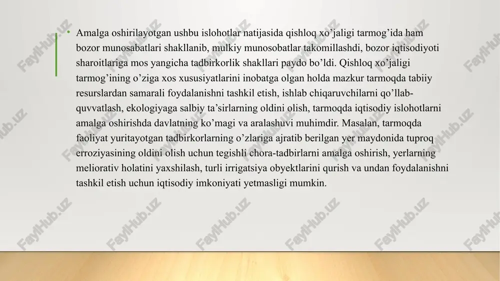 alik mahsulotlari ishlab chiqarishni moliyalashtirish tizimi takomillashtirildi. 2008-2016-yillar. jahon moliyaviy-iqtisodiy inqirozi yuzaga kelishi va mamlakatimizda inqirozga qarshi choralar dasturining ishlab chiqilishi bilan qishloq xo’jaligi tarmog’ida ham tub islohotlar belgilab berildi. jumladan, fermer xo’jaliklariga ajratib berilgan yer maydonlarini optimallashtirish bo’yicha tegishli islohotlar amalga oshirila boshlandi, qishloq xo’jaligi yerlarining meliorativ holatini yaxshilash choratadbirlari kuchaytirildi. bundan tashqari ushbu bosqichda qishloq joylarda ijtimoiy infratuzilmalarni rivojlantirish bo’yicha ham islohotlar boshlandi, ya’ni qishloq joylarda namunaviy loyihalar asosida uy-joylar qurilishi ishlari boshlangan edi. 2017-yildan hozirgi vaqtgacha. tarmoqda amalga oshirilayotgan islohotlarning ushbu bosqichi mamlakatimiz qishloq xo’jaligida tub burilish davri bo’lib, tarmoqqa bozor munosabatlarinig keng joriy etilishi bilan ajralib turadi. prezidentimiz sh.m.mirziyoyev tashabbusi bilan qishloq xo’jaligi tarmog’ini intensiv rivojlantirish maqsadida tarmoqda tadbirkorlikning yangi shakli bo’lgan klasterlar tashkil etila boshlandi, qishloq xo’jaligida raqamli texnologiyalardan keng foydalanish, innovatsiyalarni joriy etish, resurs tejamkor texnologiyalar va usullarni joriy etishga e’tibor kuchaytirildi. bundan tashqari, tarmoqda faoliyat yuritib kelayotgan tadbirkorlik subyektlarining faoliyat erkinligini ta’minlash, tarmoqda …
