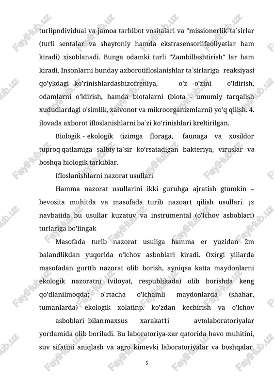 gan eritmalarning optik zigmegini farqini o’lchami; - spektroskopiya usul-nurlanish spektirlarini ul`trabikafila, infira qizil va ko’rinuvchi nurlarspektirlari yordamida nazorat qilishga asoslangan turg'un va ko’chma asboblar ishlatiladi; - fluoressent usul- turhun yoki majburiy lyumininsent nurlanishlar spektormol inteksiflikni yoki o’lchash davrida o’lchashga asoslashgan nurlantirish manbai sifatida u`tira binafsha nurlari hisoblanadi. turg'un asboblar ishlatiladi. 4.1.kimyoviy ifloslanishni quydagi usullar bilan aniqlash mumkun: fatametrik, spektroskopik, fluoresent, interferametrik, elektrokiviy,medarli, xromotografiya, atomli-absorbsiya,mass-spektrometrik. 4.2.radiasion ifloslanishlarni quydagi usullarda aniqlanadi: ionizasiya, kimyoviy, fotagrafik, isintillyayiya. 4.3. issiqlik (haroratli) ifloslanish quydagi usullarda aniqlanishi mumkun: infraqizil termametirlar, parametrik termametirlar, simobli va spirtli termometirlar, biletalik termometirlar (met. bug'lar. kengay). 4.4. shovqinli ifloslanishlarni aniqlash uchun spektirlar va integral o’lcham usullari ishlatiladi (16-20000 gi li tovish bosimini o’z turg'un er ustirishini o’lchash) 4.5. titrameli (tebranish) ifloslanishlarni quydagi usullarda aniqlanadi: p`ezoelektrik (elektirsignalo’lch), tebranish akustik (elektirmagnit signalt o’lch). 4.6. yorug'lik ifloslanishlarni quydagiusullar bilan aniqlanadi: fotometrik (yarim. o’tkaz. qabul. o’zgar). optakustik usul -har hil muhitlarda tovushlarni tarqalishi tezligini o’lchashga asoslangan.turg'un …