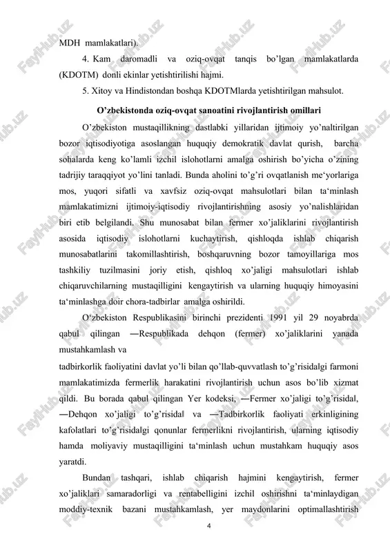 ndan tashqari, ishlab chiqarish hajmini kengaytirish, fermer xo’jaliklari samaradorligi va rentabelligini izchil oshirishni ta‘minlaydigan moddiy-texnik bazani mustahkamlash, yer maydonlarini optimallashtirish bo’yicha kompleks chora-tadbirlar amalga oshirildi. ayni paytda qishloqlarda fermer xo’jaliklariga keng turdagi xizmatlar ko’rsatadigan zamonaviy ishlab chiqarish va bozor infratuzilmasi shakllantirilmoqda. mamlakatimiz birinchi prezidenti 2012 yil 22 oktyabrdagi ―o’zbekistonda fermerlik faoliyatini tashkil qilishni yanada takomillashtirish va uni rivojlantirish chora-tadbirlari to’g’risida‖gi farmoni mamlakatimizda qishloq xo’jaligi tarmog’ini isloh etishning mantiqiy davomi bo’ldi. mazkur hujjat fermer xo’jaliklarining samaradorligini oshirish, huquq va vakolatlarini kengaytirish, yer- suv resurslari va yaratilgan ishlab chiqarish salohiyatidan unumli foydalanish, qishloqni jadal rivojlantirish va obodonlashtirish, aholi bandligi hamda farovonligini ta‘minlashda ularning rolini kuchaytirish imkonini bermoqda. farmonga muvofiq, tashkil qilingan o’zbekiston fermerlari kengashi, viloyatlar va tumanlar fermerlar kengashlari davlat va xo’jalik boshqaruvi organlari, mahalliy davlat hokimiyati idoralari, tayyorlov, ta‘minot va xizmat ko’rsatish tashkilotlari bilan munosabatlarda, shuningdek, sudlarda ish ko’rib chiqilayotganda fermer xo’jaliklarining huquq va qonuniy manfaatlarini himoya qilmoqda. chunonchi, o’zbekistonda 1990 …