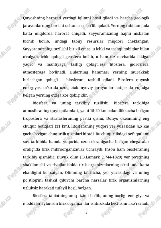 bilan chegaralanmaydi. shuning uchun ham uni organizmlarning xohlagan (masalan, sun’iy akvarium, issiqxona, bug‘doy maydoni va h.k.) va murakkab yashash tabiiy muhiti (ko‘l, o‘rmon, okean)ga nisbatan qo‘llash mumkin. odatda quruqlik va suvli (akvatoriyali) ekotizimlar farq qiladi. ekotizimlarni misollar yordamida tushuntiramiz: qora saksovulzorlar taqirli delta tekisliklarida keng tarqalgan, daryo sohillarida daraxt-butali to‘qayzorlar qamishli qayir ko‘llari rivojlangan. tirik organizmlarni o‘rab turgan fizik qurshov yoki tevarakatrofdagi o‘zaro bog‘lanishlardagi shart-sharoitlar va ta’sirlar majmuyi muhit deb ataladi. odatda tabiiy va sun’iy muhitlar ajratiladi, ularning o‘zaro bog‘liqligini ekologik muhit tushunchasi ifodalaydi. organizmlarning yashashi uchun bir yoki bir nechta muhitlar zarurdir. hayot muhitlari alohida yashash muhitlariga bo‘linadi. yashash muhiti hayot muhitining geografik va ekologik xususiyatlari bilan ajraluvchi qismidir. masalan, suv hayot muhitida chuchuk va sho‘r suvli yashash muhitlari, oqar va oqmas yashash suv muhitlariga ajratiladi. yashash muhiti, yashash joyi va geotoplarga bo‘linadi. ekotizimning barcha elementlari ham biotik, ham abiotik omillar ta’siridandir. bu jarayonlar muayyan muhit sharoitlarida ro‘y beradi. …