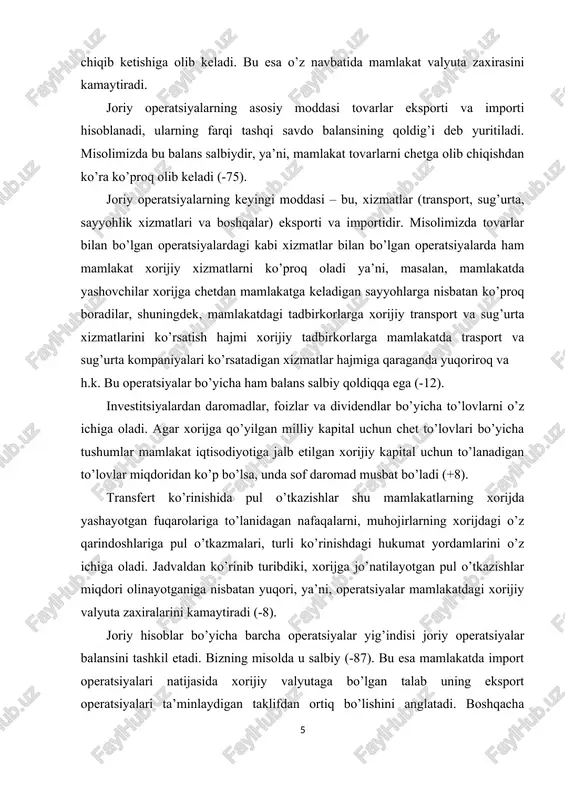 q olib keladi. mamlakatning joriy operatsiyalar bo’yicha balansi ijobiy qoldiqqa ega bo’lsa, unda mamlakatda chet elda ko’chmas mulkni sotib olish yoki boshqa mamlakatlarga qarzga berishga yo’naltirilishi mumkin bo’lgan ortiqcha xorijiy valyuta yuzaga keladi. investitsiyalash va kreditlash bilan bog’liq operatsiyalar to’lov balansining keyingi bo’limida, ya’ni, kapitallar harakati hisobida aks ettiriladi. mamlakatda ma’lum bir vaqtda moddiy va moliyaviy aktivlarini sotib olish va sotish bilan bog’liq operatsiyalariga kapital harakati hisobi deyiladi. kapital harakati hisobi balansida korxonalar, er, uy-joylar, qimmatnarx qog’ozlar, aktsiyalar, xazina majburiyatlari va boshqa aktivlarni olish-sotish bilan bog’liq kapitallar oqimi aks ettiriladi. bu aktivlar sotilsa yoki eksport qilinsa, xorijiy valyuta mamlakatga kiritiladi, ya’ni valyuta tushumi ko’payadi (+150). biroq kapitalni olib kelish bilan bir vaqtda uni olib chiqish bilan bog’liq operatsiyalar ham amalga oshiriladi. bunda mamlakatning tadbirkorlari xorijdan aktsiyalar sotib oladi, xorijliklarga kreditlar beradi va shu asosda ular xorijiy valyuta zaxiralarini sarflaydi. bu operatsiyalar debet ko’rinishida aks ettiriladi (-87). kapital harakati balansining qoldig’i …