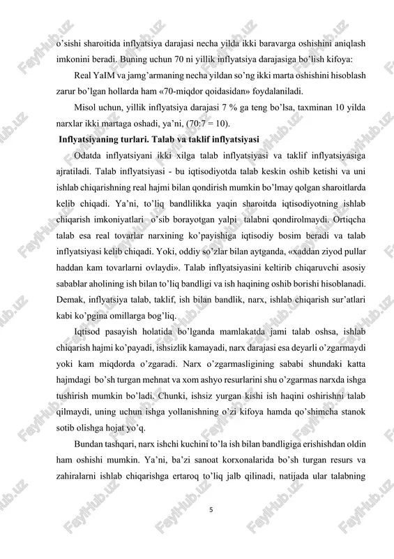 yatsiya darajasi yuqori bo’lgan mamlakatlarda ishlab chiqarishning haqiqiy hajmi qisqarishi bilan bir vaqtda nominal hajmining ortib borishi kabi vaziyat sodir bo’ladi. daromadlarni ishlab chiqarish tomonidan ta’minlanmagan o’sishi aholi qo’lidagi pulning taklif qilinayotgan tovar va xizmatlardan oshiqchaligiga olib keladi. bunday hol pul birligining xarid quvvatini pasaytiradi, bir miqdordagi pulga joriy yilda o’tgan yildagiga nisbatan aholi kamroq mahsulot sotib oladi, ya’ni, uning real daromadi kamayadi. misol uchun, joriy yilda aholining nominal daromadlari 30% ga ko’paygan, narxlar darajasi 50% ga oshgan bo’lsa, unda aholining real daromadlari 20% ga kamaygan bo’ladi. chunki, narxlarning o’sishi aholi pul daromadlarining o’sishidan yuqori bo’lgan (30% - 50%= 20%). taklif inflyatsiyasi - bu mamlakat iqtisodiyotida tovar va xizmatlar taklifining kamayishi natijasida tovar va xizmatlar narxlarining oshishidan paydo bo’ladi. bunday hollarda ortiqcha talab bo’lmasa ham tovarlarning narxlari oshib boradi. hatto ish bilan bandlik va yaim ishlab chiqarish kamaygan yillari tovarlarning narxsi oshadi. jami taklif qisqarishining asosiy sababi mahsulot birligiga sarflangan …