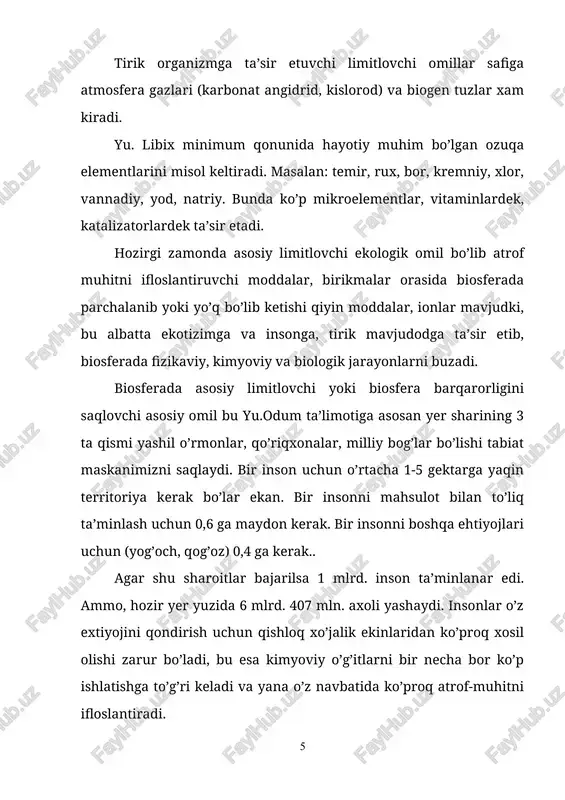 m qismlarini bir tekis rivojlanmaslik qonuni: tizim bir darajada sinxron rivojlanmaydi, bir tur yuqori darajada, ikkinchi tur past darajada rivojlanadi. 6. hayotni saqlash qonuni: hayot faqatgina tirik-xarakatlanuvchi jismda modda, energiya va informatsion almashganda yashaydi. tartiblikni saqlash qonuni: (i.prigojin) ochiq tizimlarda entropiya o’smaydi kamayadi, toki minimal doimiy qiymatga erishganda hamisha noldan katta bo’ladi. 8. le-shatele-braun printsipi: tashqi ta’sirlar natijasida tizim barqaror muvozanatdan siljiydi va unga tashqi ta’sir effekti kamayadi. bu printsip biosferada xozirgi kunda inson tomonidan buzilmoqda. masalan: o’tgan asrning oxirlarida, ya’ni xix asrni oxirida biologik mahsuldorlik va biomassa o’sgan bo’lsa, hozir esa aksincha karbonat angidrid ya’ni is gazi ko’paymoqda. 9. a.a. grigorev, m.m. budikoni geografik zonalarning davriy qonuni: fizik-geografik qutblar almashinishi har bir poyasida: subarktik, mo’tadil, subtropik, tropik, ekvatorial zonalar almashinishi ro’y beradi: o’rmon – cho’l – sahro. 10. atrof-muhit hisobiga tizimning rivojlanish qonuni: har qanday tizim rivojlanishi mumkin, faqat atrof-muhitdan moddiy-energetik va informatsiyalar olish hisobiga. 11. haroratda bo’lgan tizilarning …