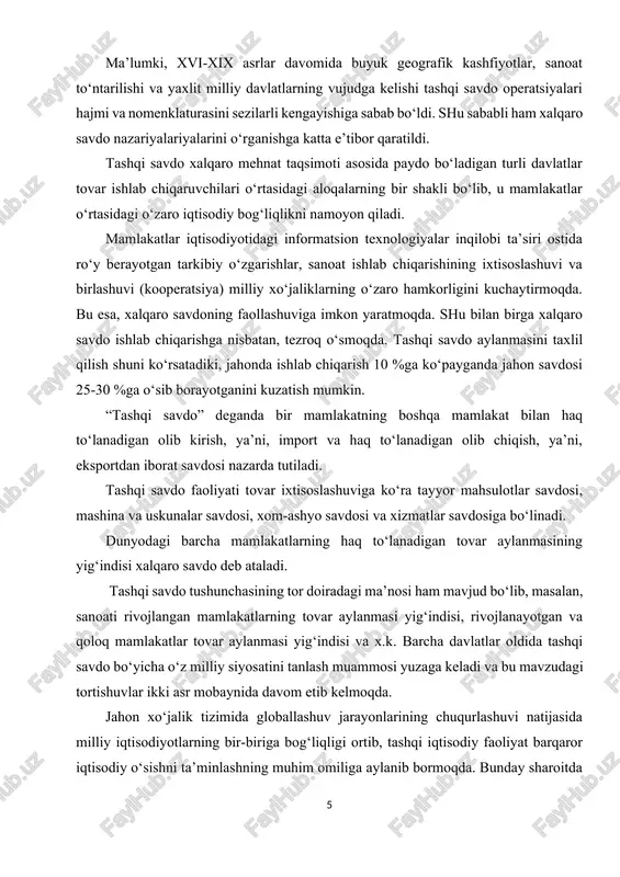 akat bilan haq to‘lanadigan olib kirish, ya’ni, import va haq to‘lanadigan olib chiqish, ya’ni, eksportdan iborat savdosi nazarda tutiladi. tashqi savdo faoliyati tovar ixtisoslashuviga ko‘ra tayyor mahsulotlar savdosi, mashina va uskunalar savdosi, xom-ashyo savdosi va xizmatlar savdosiga bo‘linadi. dunyodagi barcha mamlakatlarning haq to‘lanadigan tovar aylanmasining yig‘indisi xalqaro savdo deb ataladi. tashqi savdo tushunchasining tor doiradagi ma’nosi ham mavjud bo‘lib, masalan, sanoati rivojlangan mamlakatlarning tovar aylanmasi yig‘indisi, rivojlanayotgan va qoloq mamlakatlar tovar aylanmasi yig‘indisi va x.k. barcha davlatlar oldida tashqi savdo bo‘yicha o‘z milliy siyosatini tanlash muammosi yuzaga keladi va bu mavzudagi tortishuvlar ikki asr mobaynida davom etib kelmoqda. jahon xo‘jalik tizimida globallashuv jarayonlarining chuqurlashuvi natijasida milliy iqtisodiyotlarning bir-biriga bog‘liqligi ortib, tashqi iqtisodiy faoliyat barqaror iqtisodiy o‘sishni ta’minlashning muhim omiliga aylanib bormoqda. bunday sharoitda alohida olingan mamlakat faqat o‘z ichki imkoniyatlariga tayanib ijtimoiy-iqtisodiy taraqqiyotda biror bir jiddiy natijalarga erishishi mushkul hisoblanadi. garchi so‘nggi yillarda xalqaro iqtisodiy aloqalarda tovar eksportiga nisbatan investisiyalarni …