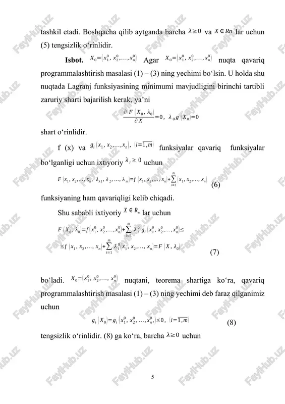 unosabatning mos qiymatlarini quyib ni hosil qilamiz. bundan bo‘yicha hosila olib, uni nolga tenglashtirib, bundan ni aniqlaymiz. ning qiymati oraliqda bo‘lganligi uchun keyingi qadamga o‘tish miqdorini bildiradi. shunday qilib, 2 – qadam. nuqtadagi funksiyaning gradienti funksiyaning maksimumini topamiz, ya’ni va ushbu shart o‘rinli bo‘lsin. yechim iborat bo‘ladi. endi aniqlaymiz va (14) ni hosil qilamiz. (6) dagi x1 va x2 lar o‘rniga (14) ning mos qiymatlarini qo‘ysak ega bo‘lamiz. bundan bo‘lib, uni nolga tenglashtirsak , bundan shunday qilib, 3 – qadam. f funksiyaning gradientini x(2) nuqtada funksiyaning maksimumini topamiz va bunda (10), (11) shartlar bajarilsin. ni topamiz va quyidagilarga ega bo‘lamiz tenglamani yechib, ni topamiz. bulardan ekanligi kelib chiqadi. shunday qilib, berilgan masalaning izlangan yechimini bildiradi. adabiyotlar: 1. t.x.xolmatov, x.s. umarov kurilishni boshkarishda iktisodiy-matematik usullar. o‘quv qo‘llanma, samarqand 2004 y.196 bet. 2. m.atxamov, g.otaboev planlashtirishda matematik metodlarni qo‘llanilishi. toshkent.o‘kituvchi 1982 y. 3. yu.n.kuznesov i.dr. matematicheskoe programmirovanie. m. visshaya shkola 1976 g. …