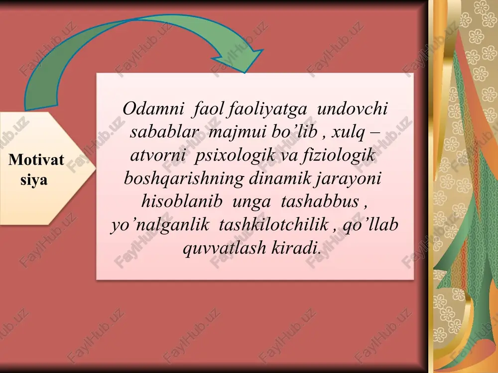y tafakkurga ega bo’lish , asos sifatidagi bilish motivlarining rivojlanish masalasiga katta e’tiborini qaratgan. u psixik jarayonlarning shunday dinamikasini ochishga harakat qildiki , bunday dinamika motivatsiya rivojlanishi asosida o’quvchilarni bilimlarni egallashga olib keladi. kelib chiqadigan motiv deb- deb yozadi u, - harakat uchun ko’rsatma hosil qiladi. ammo motivlarning muayyan toifasi (masalan bilish motivi) juda ko’p harakatlarning murakkab tizimi bo’lishini taqozo qiladi. ta’limni motivatsiyalash muammosi bo’yicha o’z oldiga o’quvchilarning o’qishga bo’lgan munosabati , psixologik aspektlari qanday maydonga chiqadi degan masalani hal qilishni maqsad qilib qo’yadi. bu munosabatning psixologik mohiyatini ochadigan muhim jihatlardan biri “o’quvchilar o’qish faoliyatini ” belgilaydigan motivlarning yig’indisi hisoblanadi. bunda ta’lim motivlari deganda , biz bola nima uchun o’qishga majbur qilishni tushunamiz. l. n. bojovich rus olimi nemov motivatsiyani quydaqicha tasavvur qiladi. umumam har qanday shaxsdagi mavjud ehtiyojlarni ikki guruhga bo’lish mumkin. biologik ehtiyojlar- bu fiziologik (tashnalik ochlik uyqu ) jinsiy moslashuv ehtiyojlari ijtimoiy ehtiyojlar- bu mehnat qilish bilish …