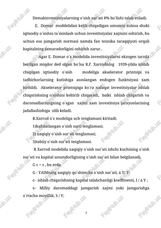 chikarish funktsiyasi” nomli asarida rivojlantirildi. r.solou modeli mutanosib iktisodiy o`sishning zarur sharti yalpi talab va yalpi taklifning tengligi xisoblanadi. modelda yalpi taklif kobba-duglasning ishlab chikarish funktsiya bilan ifodalangan, ya`ni y= f( l,k,n), modelda yukori texnik rivojlanish boskichida erning kichik axamiyatga egaligi tufayli ishlab chikarish fakat mexnat resurslari va kapitalga boglik deb olingan. y= f( l,k), funktsiyaning kengaytirilgan ko`rinishi kuyidagicha: y= (δy/ δ l) l + (δy/ δk)k modelda yalpi talab investitsion va iste`mol xarajatlari bilan belgilanadi deb olinadi. y = c + i davlat xarajatlari va sof eksport ko`rsatkichlari xam iste`mol va investitsiyalar tarkibiga kiritib yuboriladi. r.solou bitta ishchiga to`gri keladigan maxsulot ishlabchikarish xajmi kapital bilan kurollanish darajasining funktsiyasi deb karaydi. kapital bilan kurollanganlik darajasining o`sishi esa jamgarish normasiga boglik. jamgarish normasining o`sishi, kapital bilan kurollanganlik darajasining oshishiga va ishlab chikarishning yuksalishiga olib keladi. ammo kapital jamgarish normasi yukori bo`lmasa kapitalning sikib ketishi, axoli sonining o`sishi tufayli kapital bilan kurollanganlik …