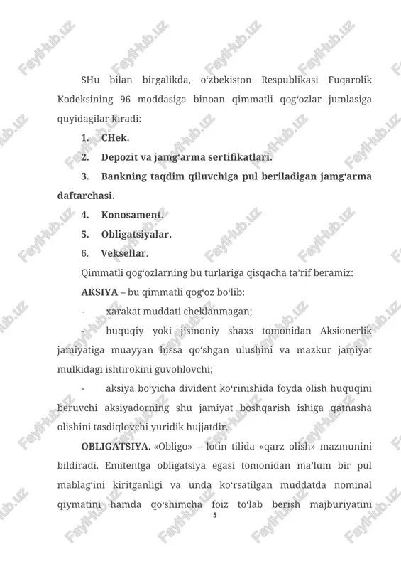pul resurslarini jalb qilish imkoniyatini beradi. chunki, barqaror bo‘lmagan iqtisodiyot va pulning qadrsizlanishi sharoitida bank qisqa muddatli kreditlarni berishni afzal ko‘radi. qimmatli qog‘ozlar aholi uchun ham juda katta ahamiyatga ega, ular pullarni ko‘lda ushlab turmasdan, qimmatli qog‘oz olib, ularga egalik qilish yo‘li bilan o‘z jamg‘armalari hisobiga daromad oladilar va korxonalarni boshqarishda amalda ishtirok etadilar. xo‘jalik yurituvchi sub’ektlari va aholi vaqtincha bo‘sh turgan mablag‘larini omonatga qo‘yishdan ko‘ra qimmatli qog‘ozlarga sarflashlari ma’lum afzalliklarga ega, masalan, sarflangan mablag‘lar muddatidan ilgari foydalanish zarurati tug‘ilganda uni sotishi hamda undan qulay va hech qanday sarf-xarajatsiz to‘lov vositasi yoki kredit olish uchun garov sifatida foydalanishi mumkin. qimmatli qog‘ozlar bozori va uning ishtirokchilari. fond birjasi - qimmatli qog‘ozlar bilan oldi-sotdisi o‘tkaziladigan joy. fond birjasidagi qimmatli qog‘ozlar bilan operatsiyalarni shartli ravishda 3 turga bo‘lish mumkin:  brokerlik operatsiyalari;  dillerlik operatsiyalari;  market-meykerlik. brokerlik operatsiyalari – mijozning topshirig‘iga asosan va uning pul mablag‘lari evaziga amalga oshiriladigan operatsiyalar. dillerlik operatsiyalari …
