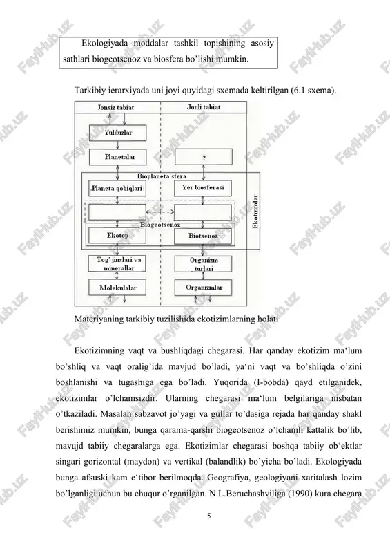 ma-xilliklarining ko’payish tendentsiyasi jamoalar chegarasida chetki effekt nomi bilan ma‘lum. ekoton turlar chegarasi nafaqat ekotizimlarni ajratadi, balki ularni o’ziga xos birlashtiradi. katta ierarxik sathlarni tashkil topishida bog’lovchi tugun bo’lib qatnashadi. o’rmoncho’lni o’rmon va cho’l ekotizimlar oralig’idagi global ekoton sifatida qarash mumkin. vertikal chegaralarni ajratish murakkabroq. masalan, ba‘zi mualliflar (a.r.reytyum, k.n.dyakonov va boshq.). geomajmualar yuqori chegarasining holatini, ularning toksonomik darajasi bilan to’g’ridan-to’g’ri bog’liq deb hisoblashadi. boshqa mualliflarning (masalan, a.g.isachenko) ko’rsatishicha, ko’pgina atmosfera hodisalari (bulutlilik, yoginlar va boshq.) qaysi balandlikda shakllanishiga bog’lik bo’lmagan holda, biogeotsenozda ham yuqori darajadagi toksonlarda ham teng ko’rsatkichda tavsiflanadi. n.l.beruchashvili bo’yicha biogeotsenozning yuqori chegarasi eng baland daraxtlar uchi bilan aniqlanadi. mualliflarning fikricha, bu biogeotsenoz, biotsenoz yig’indisi deb tushunilib, tashqi muhit qayta shakllanishi (o’zaro ta‘sir), ko’proq ( bu holda havo massasi) o’simlik qatlamlarida seziladi. quyi chegarani belgilashda umumiy tushuncha yo’q. m.a.glazovskiy quyi chegarani o’simliklar tizimi ildizlarining asosiy qismi joylashgan (99% ko’proq) quyi sathdan o’tkazishni tavsiya qiladi. boshqa mualliflar esa, …