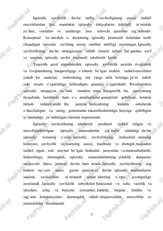 aqlash, xavfsizlikni ta`minlash uchun ularning o`zaro javobgarliga asoslanadi. iqtisodiy xavfsizlik subyektlari funksional va soha vazirlik va idoralari, soliq va bojxona xizmatlari, banklar, birjalar , fondlar va sug`urta kompaniyalari, shuningdek, ishlab chiqaruvchilar, sotuvchilar va istemolchilar hisoblanadi. iqtisodiy xavfsizlikning ta`rifi ko`p. ulardan biri iqtisodiy xavfsizlik – bu , davlatning iqtisodiy tizimiga ta`sir qiluvchi eng kam chiqimlar bilan barqaror, bosqichma-bosqich rivojlangan holda jamiyatning potensial imkoniyatlarini har tomonlama amalgam oshirish uchun milliy manfaatlar ustuvorligini ta`minlashga imkon beruvchi ( ichki va tashqi) shart va omillar yig`indisi, shuningdek, davlatning turli xil xavflar va yo`qotishlarga qarshi turish qobiliyatidir. xavfsizlik umumiy nazariyasining tuzilishida asoslar va usullar ko`rilayotgan sohadagi aloqalar to`g’risida to`liq tasavvur qilishda metodologik ahamiyatga ega. asos, bu - fikr, g’oya, maqsad (asosiy holat)dir. usul, bu – eng umumiy qonuniyatlarni bilish orqali maqsadga erishish yo`lidir. xavfsizlikni taminlash asoslari, usullari mantiq hamda dialektikaga xos umumiy usullarga tegishli bo`lmay, maxsus va ayrim usullardan hisoblanadi. usullar va asoslar o`zaro bog’liqdir. xavfsizlikni …