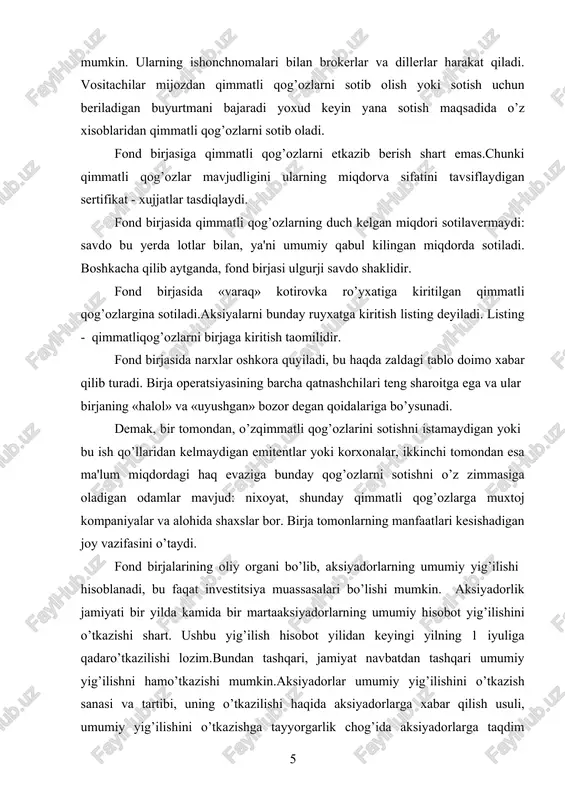 tsiya muassasalari bo’lishi mumkin. aksiyadorlik jamiyati bir yilda kamida bir martaaksiyadorlarning umumiy hisobot yig’ilishini o’tkazishi shart. ushbu yig’ilish hisobot yilidan keyingi yilning 1 iyuliga qadaro’tkazilishi lozim.bundan tashqari, jamiyat navbatdan tashqari umumiy yig’ilishni hamo’tkazishi mumkin.aksiyadorlar umumiy yig’ilishini o’tkazish sanasi va tartibi, uning o’tkazilishi haqida aksiyadorlarga xabar qilish usuli, umumiy yig’ilishini o’tkazishga tayyorgarlik chog’ida aksiyadorlarga taqdim etiladigan materiallarning ro’yxati aksiyadorlik jamiyatining kuzatuvchi kengashi tomonidan belgilanadi.. aksiyadorlarning umumiy yig’ilishi faqatkun tartibiga kiritilgan masalalar bo’yicha qarorlar qabul qilishi mumkin. umumiy yig’ilishning maxsus vakolatiga kirmaydigan masalalar bo’yicha qarorlar, yopiqaksiyadorlik jamiyati aksiyadorlari umumiy yig’ilishining qarorlari yig’ilish o’tkazilmagan xolda, sirtdan ovoz berish yo’li bilan qabul qilinishi mumkin.bunda ovoz berishda xammasi bo’lib jamiyatni ovoz beruvchi aksiyalarining kamida 75 foiziga ega bo’lgan aksiyadorlar ishtirok etishi kerak.aksiyadorlar umumiy yig’ilishida ishtirok etish huquqiga ega bo’lgan aksiyadorlar ro’yxatini aniqlash tadbiri aloxida ahamiyat kasb etadi mazkur ro’yxat aksiyadorlar reestri asosida jamiyat kuzatuvchi kengashi tomonidan umumiy yig’ilishni o’tkazish to’g’risida qarorqabul qilingan sanadan keyin vaaksiyadorlar …
