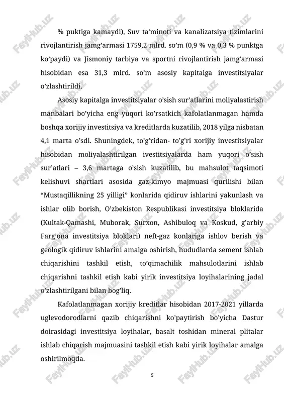 va 9,4 % ni tashkil etdi. asosiy kapitalga o’zlashtirilgan investitsiyalarning yuqori o’sish sur’atlariga qaramay sirdaryo hamda xorazm viloyatlarida o’zlashtirilgan investitsiyalarning jami respublikada o’zlashtirilgan investitisyalar hajmidagi eng kam ulushlar qayd etildi – 3,2 va 2,9 %. o’zbekiston respublikasi bo’yicha asosiy kapitalga investitsiyalarning texnologik tarkibida mashina, uskuna va inventarlarga investitsiyalar 93367,7 mlrd. so’m o’zlashtirilgan bo’lib, jami investitsiyalarning 49,2 % ni tashkil etdi, qurilish montaj ishlari bo’yicha 82339,0 mlrd. so’m (jami investitsiyalardagi ulushi 43,3 %) va boshqa xarajatlarga 14217,6 mlrd. so’m (7,5 %) o’zlashtirildi. hududlar kesimida jami asosiy kapitalga investitsiyalar hajmida qurilish- montaj ishlarining ulushi bo’yicha eng yuqori ko’rsatkich surxondaryo viloyatida kuzatildi – 61,8 % yoki 7562,7 mlrd. so’m. qurilish-montaj ishlarining ulushi bo’yicha eng quyi daraja jizzax viloyatida kuzatilib, 32,2 % ni yoki 2546,7 mlrd. so’mni tashkil etdi va mos ravishda, ushbu hududda mashina, uskunalar va inventarlarga xarajatlar bo’yicha eng yuqori ko’rsatkich – 65,5 % yoki 5189,6 mlrd. so’m kuzatildi. 2019 yilda ham …