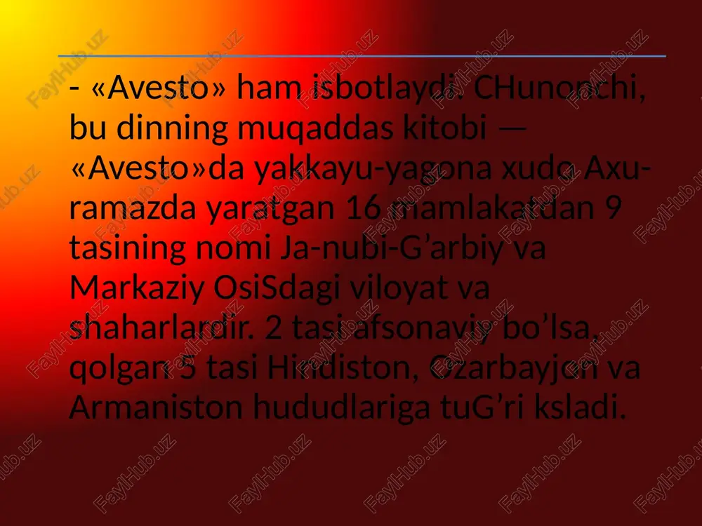 a qilib^boraveradi. olam qarama-qarshilik kurashi asosida qurilgan. bu hol jismoniy narsalarda yorug’lik va zulmat; ti-rik tabiatda haet va o’lim; ma’naviy olamda yezgulik va yovuzlik; ijtimoiy haetda yesa adolatli qonunlar bilan qonunsizliklar urtasidagi kurashlarda uz ifodasini topgan, din yezgulikni qaror toptirish ruhi bilan evuz-lik urtasidagi kurashga asoslanadi. axuramazda yezgu-likni vujudga keltiraveradi, yovuzlik ruhi bulgan ax-riman yesa unga qarshi kurashib odamlarni emon ishlar-ga boshlayveradi. yezgulik va evuzlik urtasidagi doimiy kurashda oraliq yul yo’q, shuning uchun har bir odam bu kurash-ning u eki bu tomonida ishtirok yetishga majbur. shuning uchun dindorliqda iymon-ye’tiqod barkamollik nishonasi sifatida muhim urin tutadi, u odamlarga yezgulikni yovuzlikdan farqyaash imkonini beradi. iymon-ye’tiqodli odam albagga yezgulik tarafida tu-radi. sut religii zardushtiylik iymoni 3 tayanchga — fikrlar sof-ligaga; suzning sobitligiga; amaldorlarning inso-niyligiga — asoslanadi. odamlar uz istaklarida xolis bulishlari; bir-birlari bilan murosa qilib yashashlari; qonunsiz ishlardan uzlarini tiyishlari lozim. bergan suzning ustidan chiqish, unga sodiq qolish, savdo-sotiqda shartnomalariga qat’iy rioya qilish, …