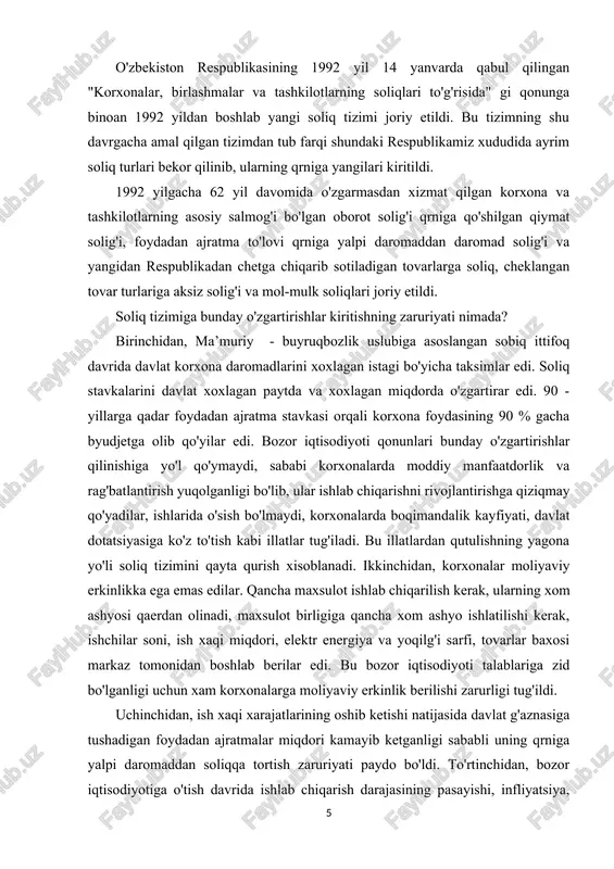 qmay qo'yadilar, ishlarida o'sish bo'lmaydi, korxonalarda boqimandalik kayfiyati, davlat dotatsiyasiga ko'z to'tish kabi illatlar tug'iladi. bu illatlardan qutulishning yagona yo'li soliq tizimini qayta qurish xisoblanadi. ikkinchidan, korxonalar moliyaviy erkinlikka ega emas edilar. qancha maxsulot ishlab chiqarilish kerak, ularning xom ashyosi qaerdan olinadi, maxsulot birligiga qancha xom ashyo ishlatilishi kerak, ishchilar soni, ish xaqi miqdori, elektr energiya va yoqilg'i sarfi, tovarlar baxosi markaz tomonidan boshlab berilar edi. bu bozor iqtisodiyoti talablariga zid bo'lganligi uchun xam korxonalarga moliyaviy erkinlik berilishi zarurligi tug'ildi. uchinchidan, ish xaqi xarajatlarining oshib ketishi natijasida davlat g'aznasiga tushadigan foydadan ajratmalar miqdori kamayib ketganligi sababli uning qrniga yalpi daromaddan soliqqa tortish zaruriyati paydo bo'ldi. to'rtinchidan, bozor iqtisodiyotiga o'tish davrida ishlab chiqarish darajasining pasayishi, infliyatsiya, ishsizlarning ko'payishi, moliyaviy tanqislik, baxolarning keskin oshib ketishi kabi xodisalar yuz berdi. ularni qoplash uchun zarur daromadlar bo'lishligi talab etiladi. bu daromadlarni faqat to'g'ri soliqlar orqali byudjetga jalb qilish etarli bo'lmay qoladi. shuning uchun, to'g'ri …